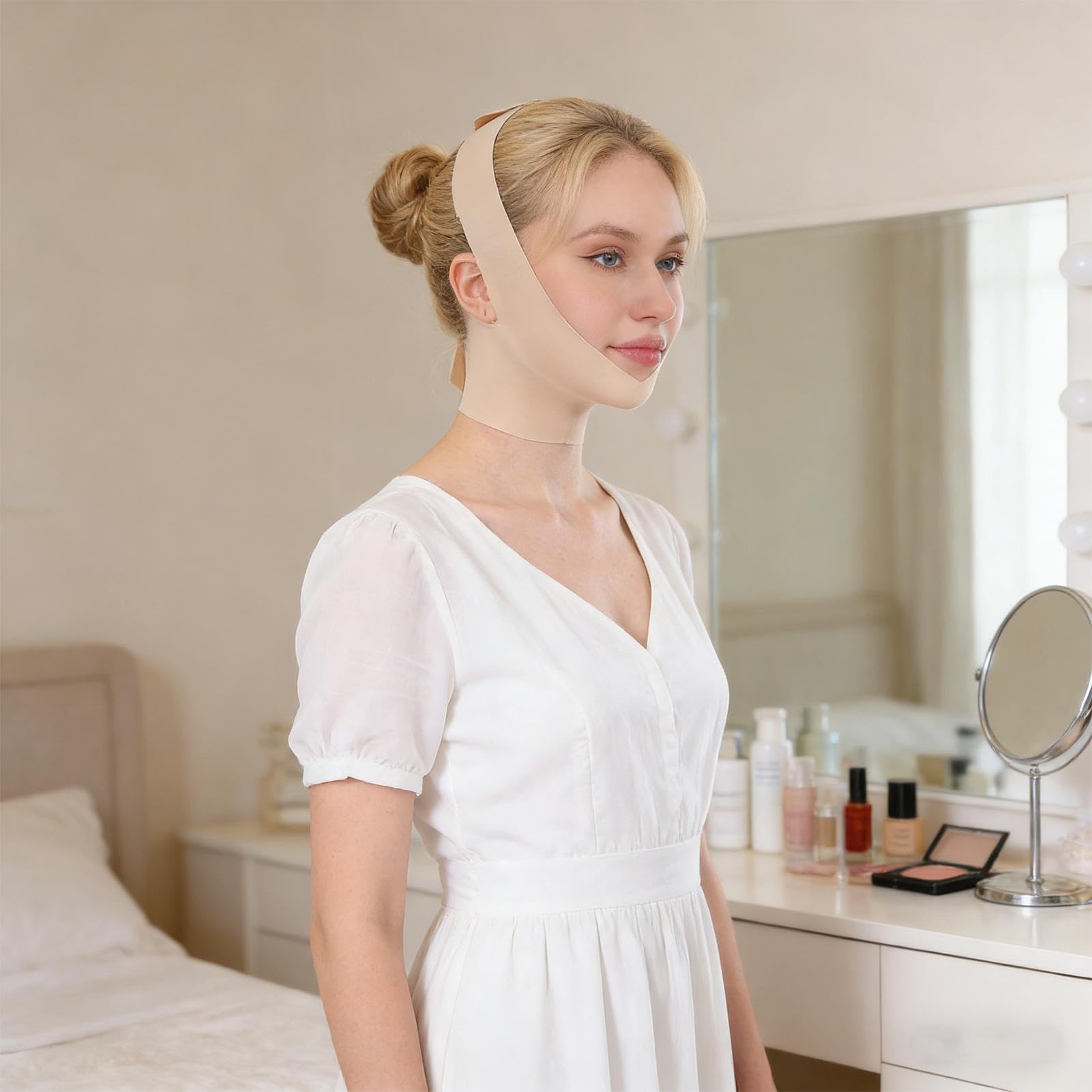 Skult C-ollagen - Envoltura para esculpir la cara, compresión suave, beige, reutilizable, correa de barbilla, ajuste ajustable y comodidad, para la mandíbula, barbilla, mujeres, dormir