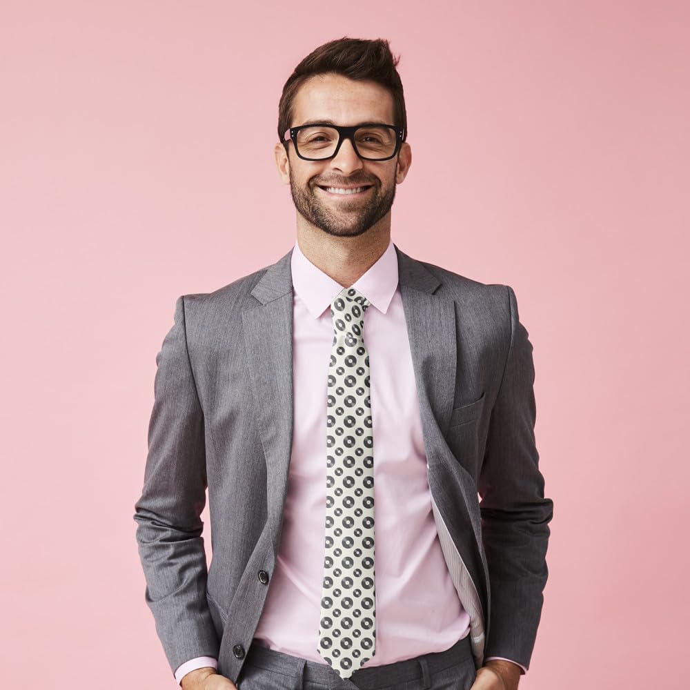 Novelty Necktie for Men (Vinyl Records Music Pattern) Fun Conversational Silky Tie, Neck Tie for Party, Events, Unique and Original