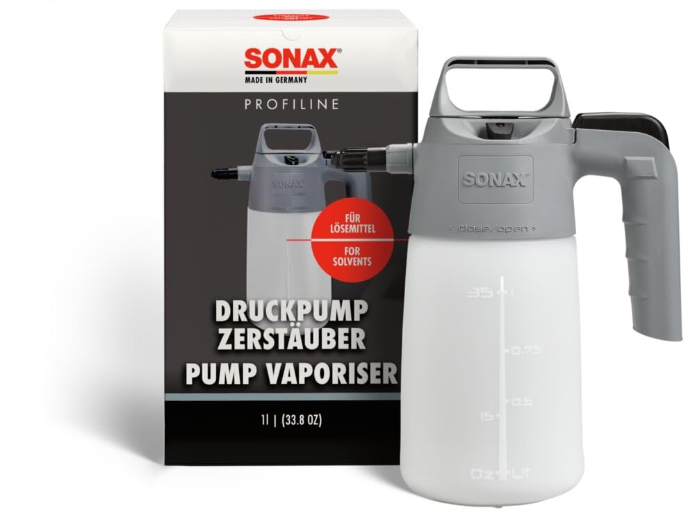 SONAX DruckpumpZerstäuber für Lösemittel (1 Stück) zum bequemen Aufbringen von lösemittelhaltigen Reinigungs- und Pflegemitteln | Art-Nr. 04961050