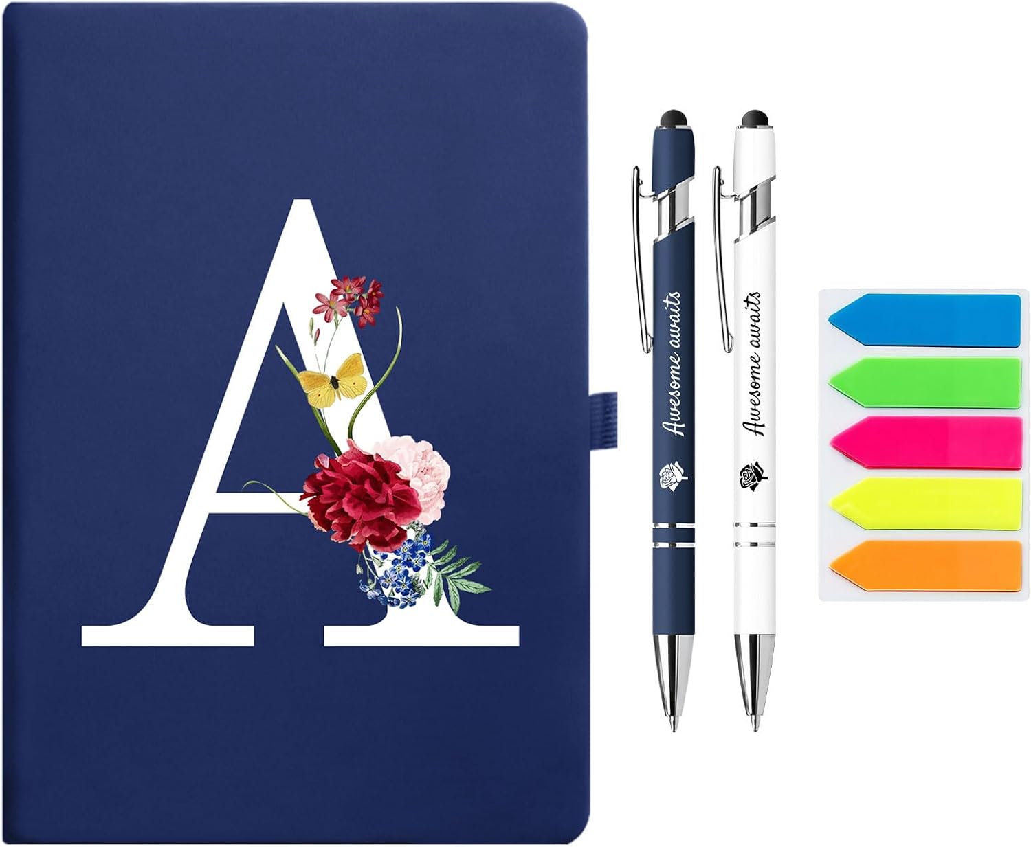 Premium Hardcover Executive Notebook and Pen Set - A5 Journal Notebook 192 Line Pages, 2 Smooth-Writing Ballpoint Pens, Arrow Sticky Notes - For Office School Supplies Letter A Floral Design DeepBlue