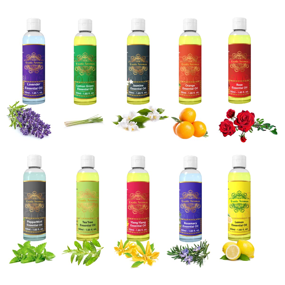 Exotic Aromas Essential Oil 50 Ml Each Lavender Rose Tea Tree Rosemary Jasmine Ylang Ylang Mandarin Lemongrass Peppermint lemon Pack of 10