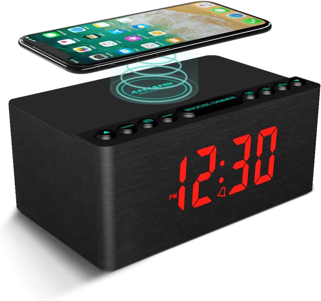 ANJANK Wooden Alarm Clock with FM Radio, 10W Super Fast Wireless Charger Station for iPhone/Samsung, 5 Level Dimmer, USB Charging Port, Sleep Timer, Digital LED Clock for Bedroom, Black