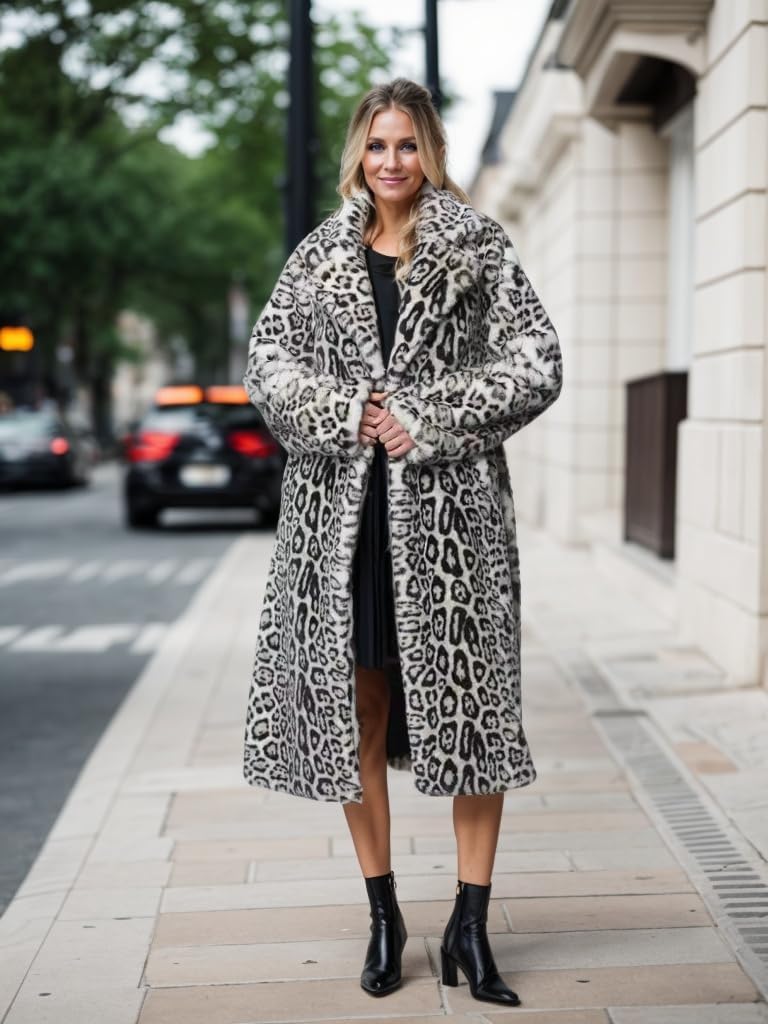 Women Leopard Faux Fur Long Overcoat with Belt Winter Warm Shawl Collar Garment for Outgoing