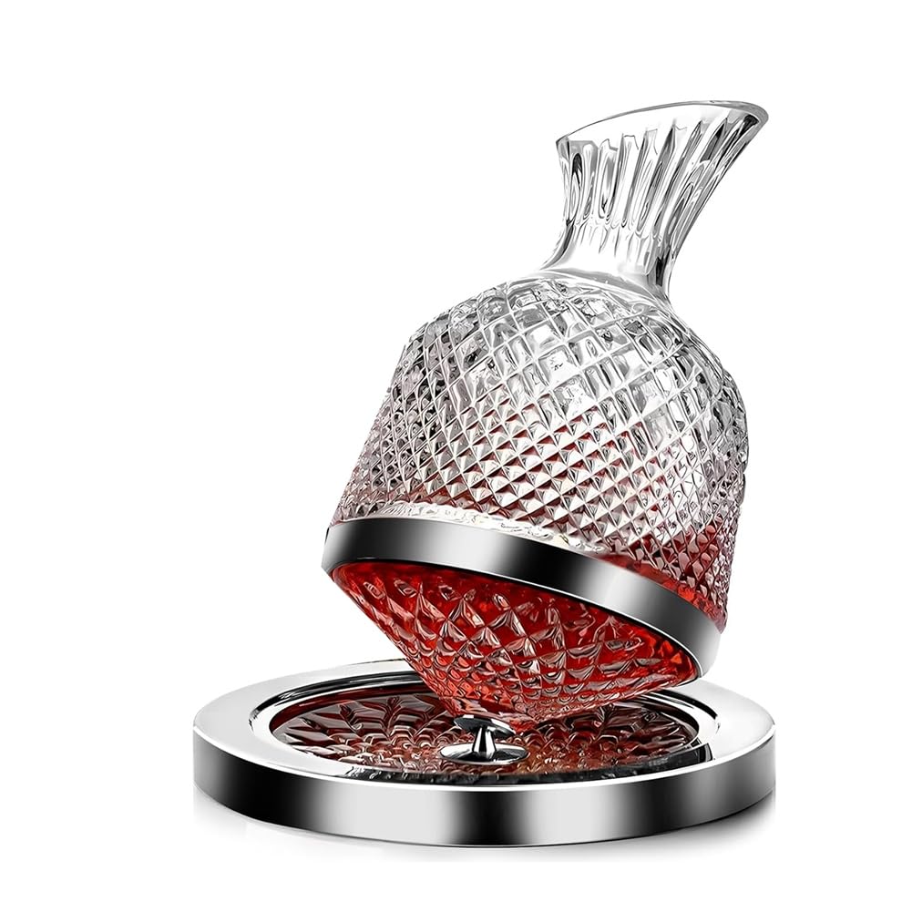 Qusedwey Red Wine Decanter 50oz/1500ml, Wine Carafe Decanter Made of Lead-Free Crystal Glass, 360° Rotating Decanters for Whisky