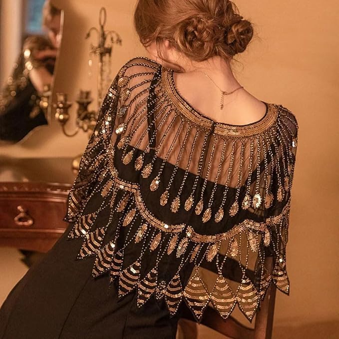 Damski wieczór cekinowy szal lata 20. sukienka vintage peleryna elegancki haft siatka kardigan trend okrycie akcesoria na imprezę studniówkę