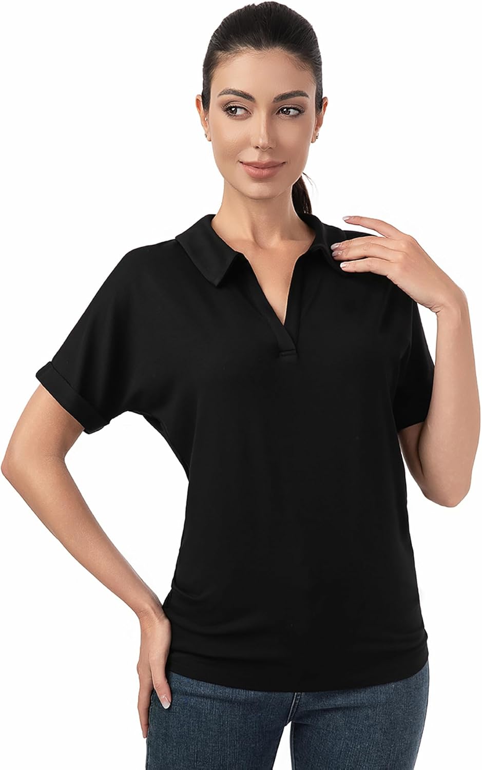 AmélieBoutik Women Polo Shirts Short Sleeve 2025 V Neck Business Dressy Casual Tops Summer Collared Trendy Tees - Image 2