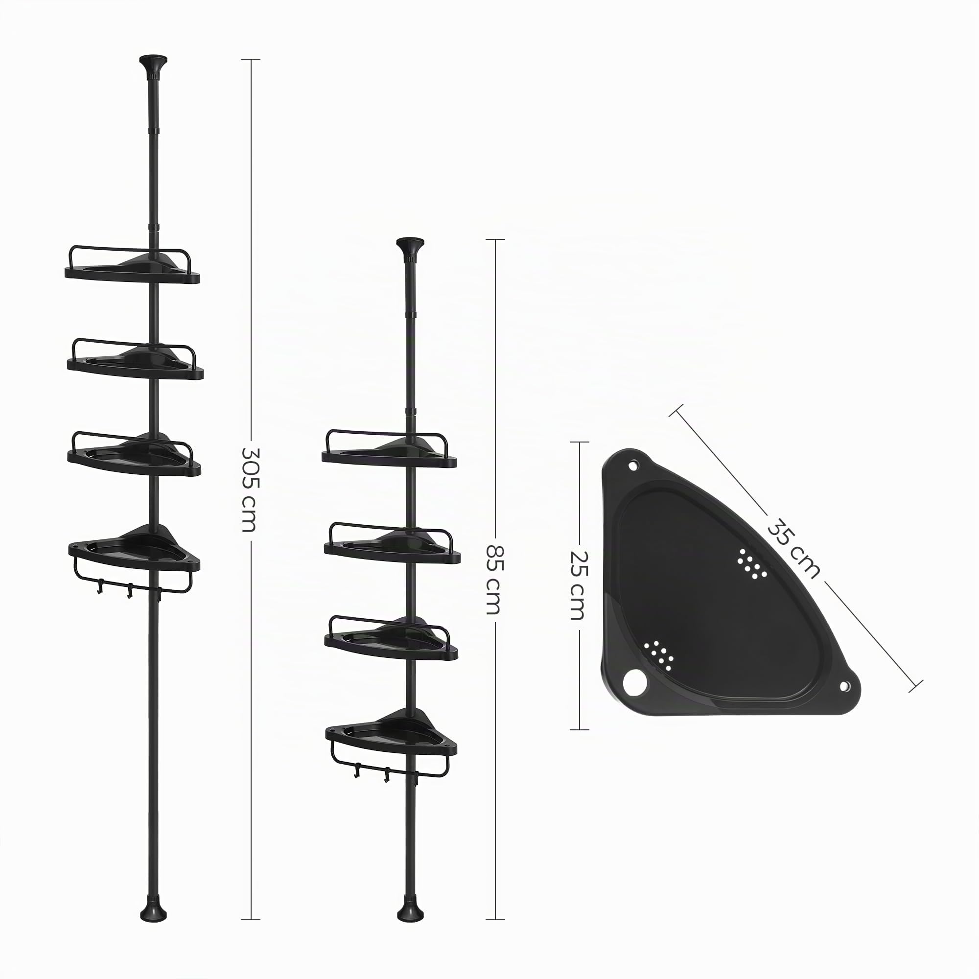 SONGMICS Étagère de Douche Réglable 4 Niveaux, Étagère d'angle Télescopique, Hauteur 85-305 cm, Rangement Salle de Bain Noir