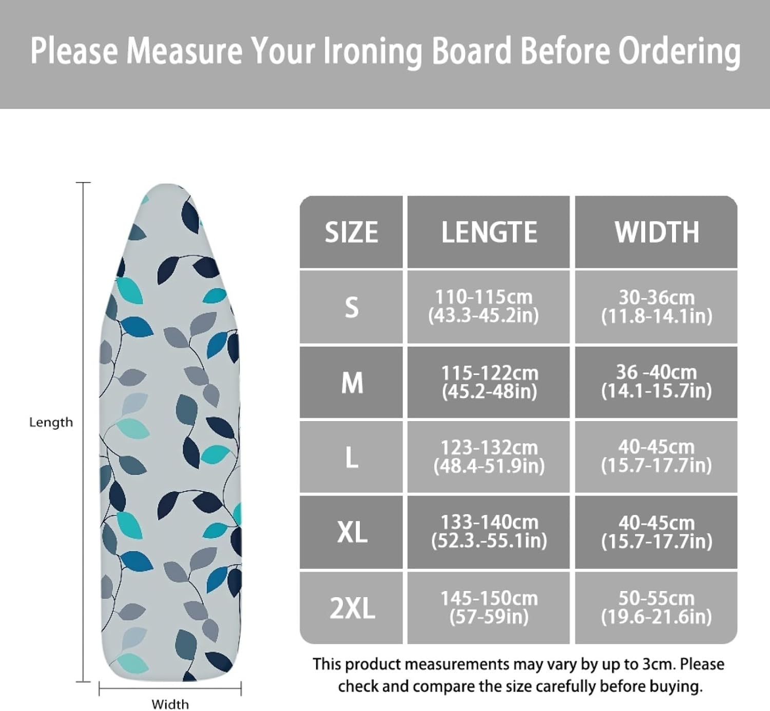 Iron Board Cover with Padding Standard Size Blue Teal Leaves Padded Ironing Board Covers 15x54 Heat Reflective Extra Thick Wide Non Stick Scorch and Stain Resistant Heatproof