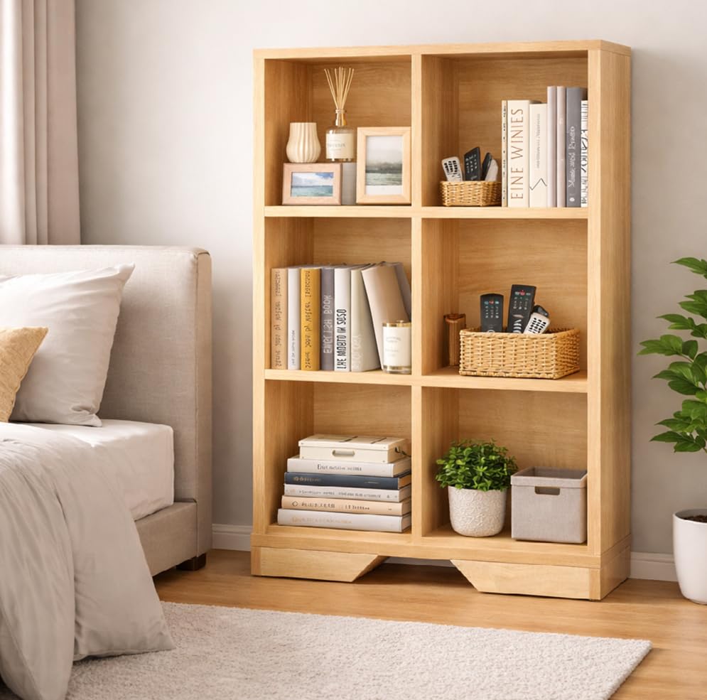 Image of 6 Cube Storage Organizer Wooden Bookshelf, Cube Shelf Bookcase, Small Bookshelf Storage Organizer, Narrow Cube Storage Shelf for Bedroom, Small Bookshelf for Living Room and Office (Natural, 6 Cube)