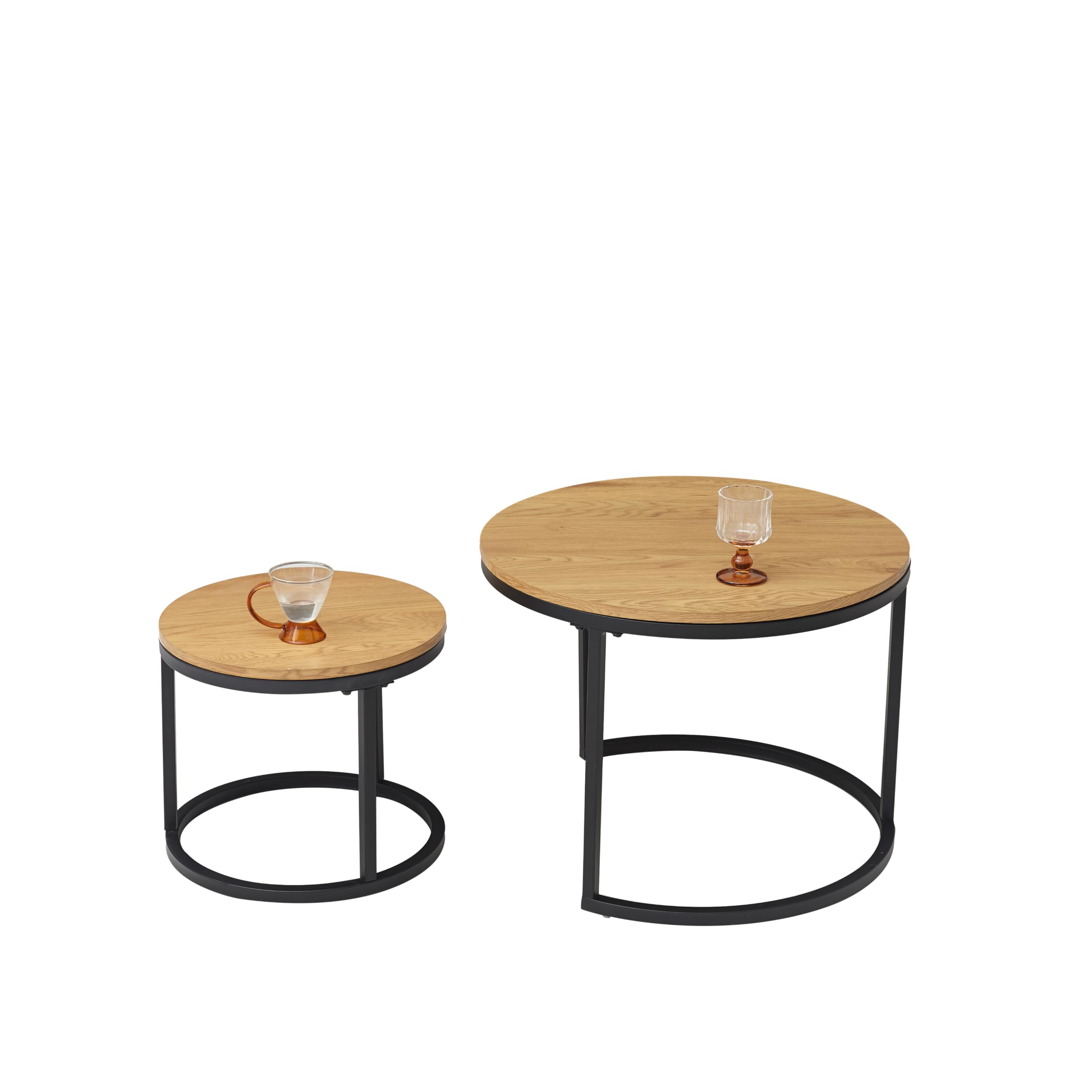 GrandCA Home Couchtisch 2er Set,Stapelbarer Couchtisch, Couchtische Rund, MDF-Tischplatte, Schwarze Tischbeine aus Edelstahl，Geeignet für Wohnzimmer, Esszimmer（Ø60 x 45H cm，Ø40x35H cm，Eiche Hell）