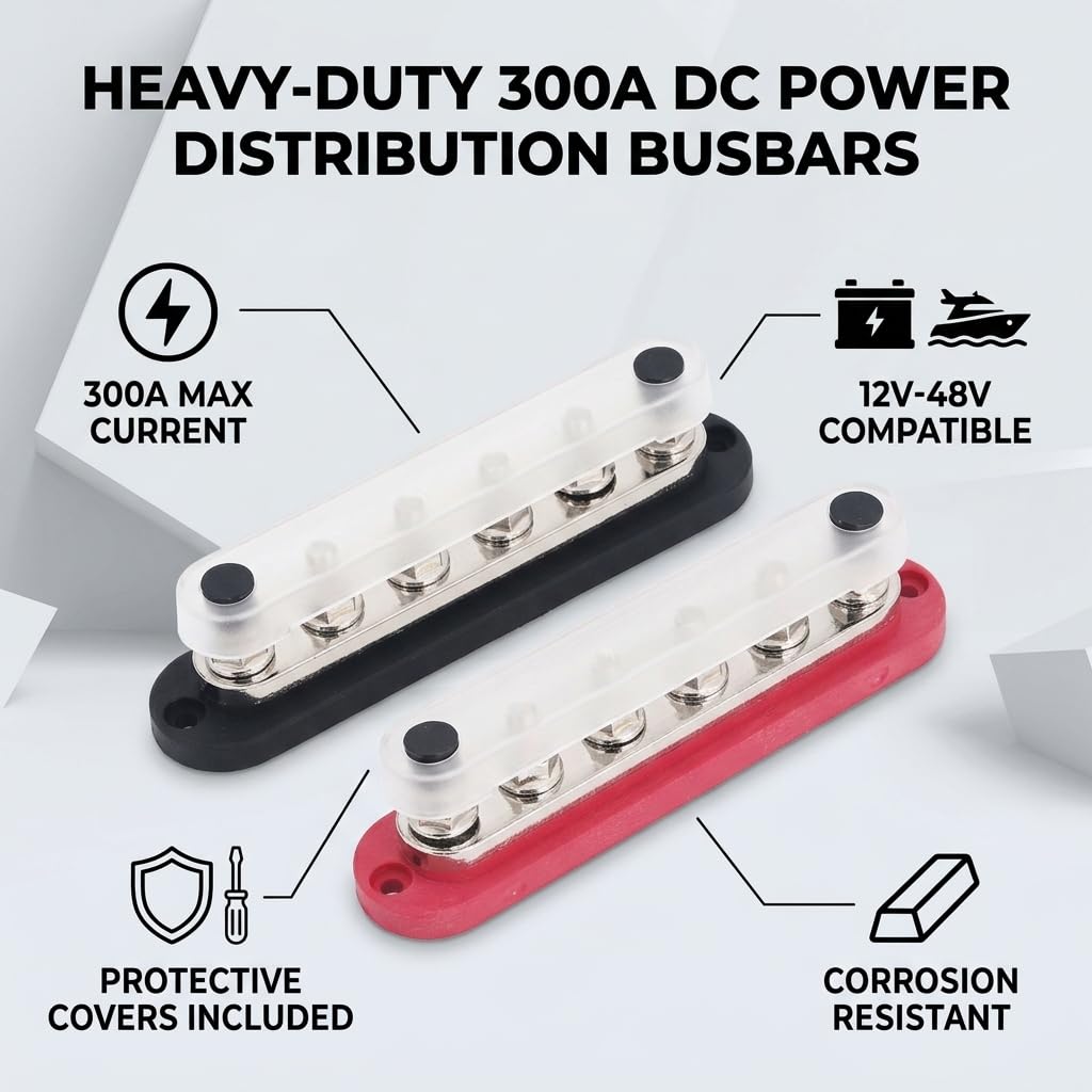 Bloc de Distribution d'Énergie 300A M8 12-48V - Barre Omnibus Marine/Automobile avec Couvercle (2 Pièces) - Bornier Haute Puissance en Laiton/Acier Inoxydable - Pour Bateaux, Camping-cars