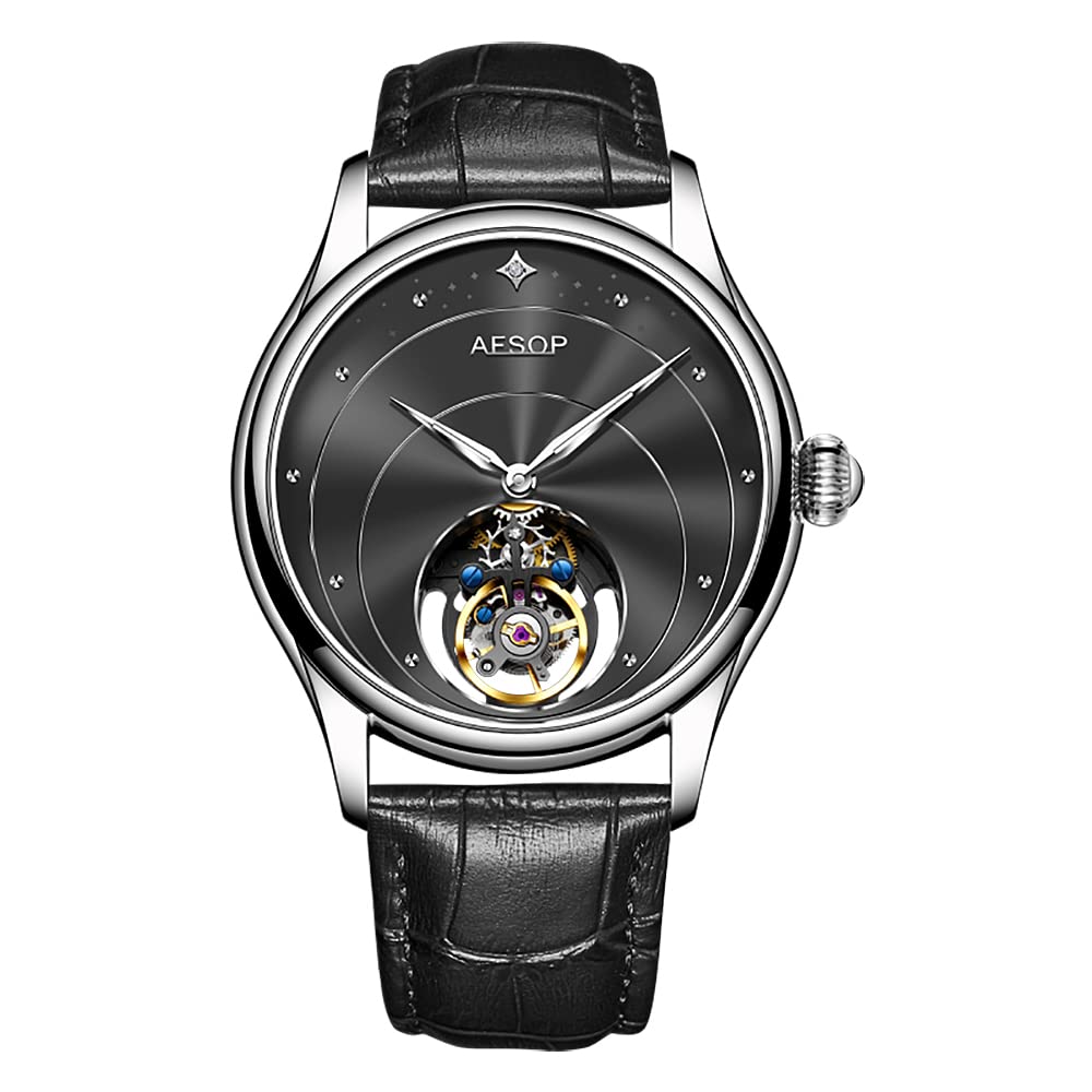 AESOP Tourbillon Watches for Men Mechanical Hand Wind Wrist Watches Skeleton Stainless Steel Sapphire Crystal 30M Waterproof Classic Dress Luxury Business Watch Black Blue White Dial 7048