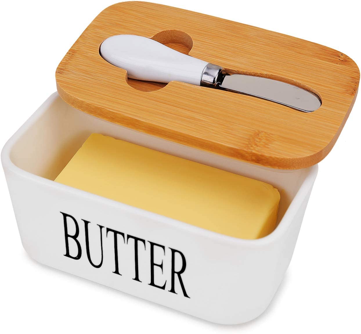 Nova Tree Large Butter Dish - Ceramic Butter Dish with Lid and Knife, Butter Container Double Silicone Seals, Good Kitchen Gift (White)