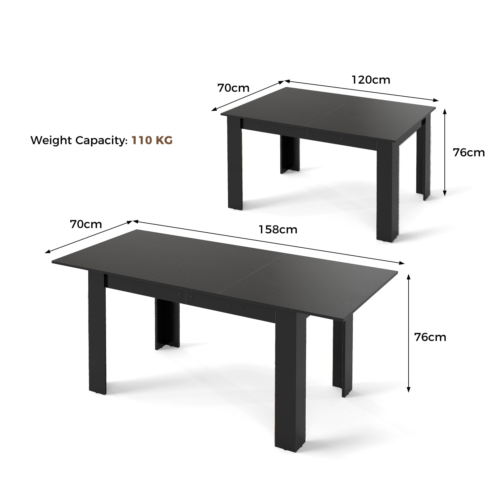 LIFEZEAL Tavolo da Pranzo Allungabile, 158x70cm per 4-8 Persone, Tavolo da Cucina, da Sala da Pranzo, Estensibile, Moderno, in Legno, Ampio Piano, Gambe a Forma di L, Montaggio Facile, Max 110kg, Nero