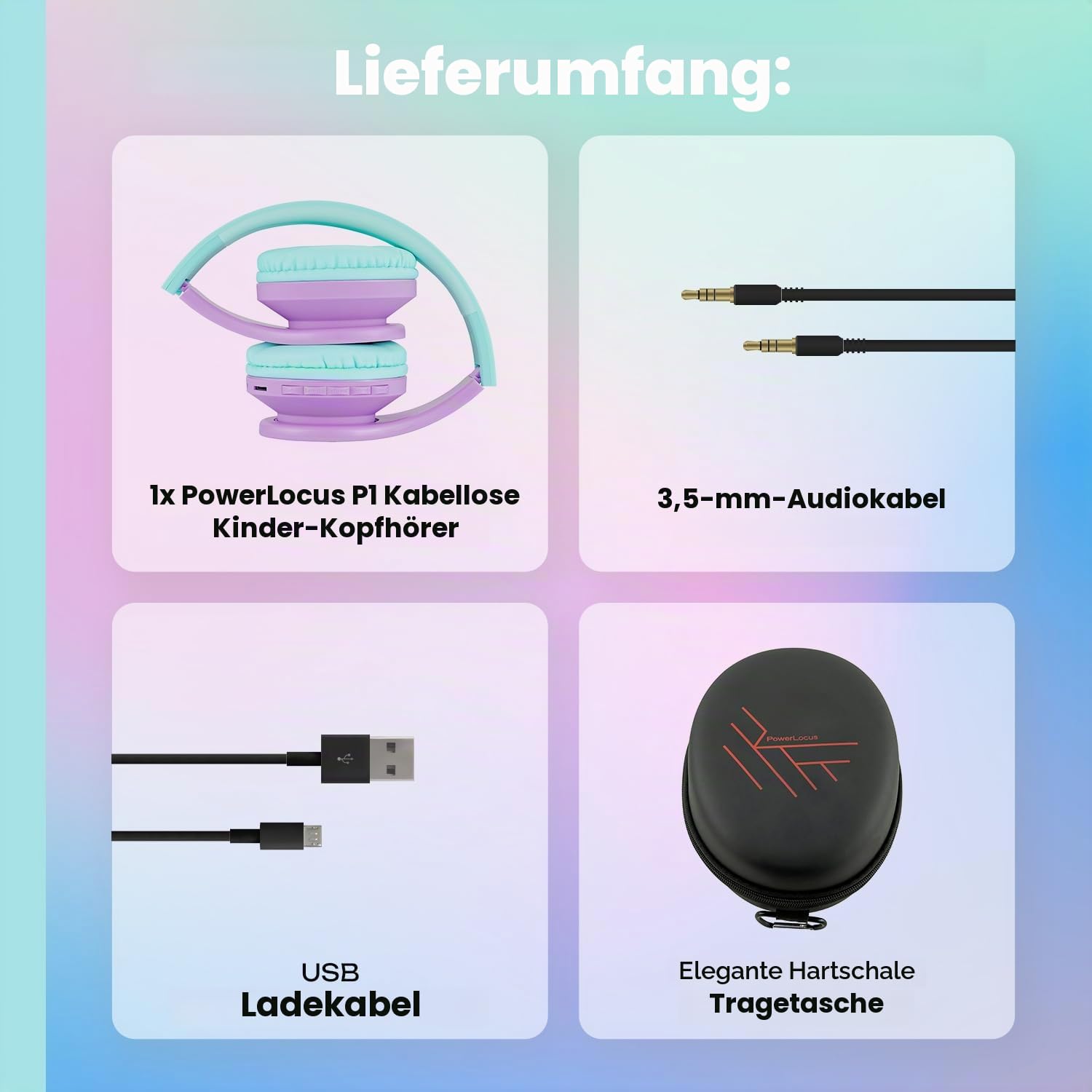 PowerLocus Bluetooth Kopfhörer Kinder, Kinderkopfhörer Over-Ear mit 85dB Lautstärkebegrenzung, Faltbar, Bluetooth 5.3, Micro SD, Kabellos und Kabel, Eingebautes Mikrofon für Handy/Tablet/Reise