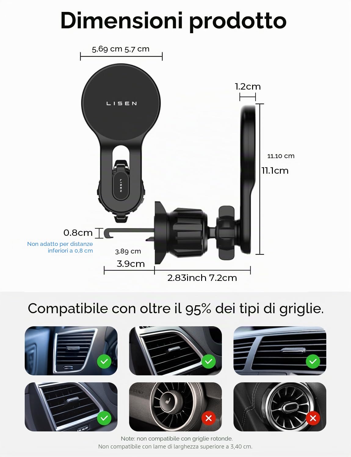 LISEN Caricatore Wireless Magnetico 15W per Auto, Accessori iPhone, Magsafe Supporto Telefono Ricarica per iPhone 16/15/14/13/12/ Samsung