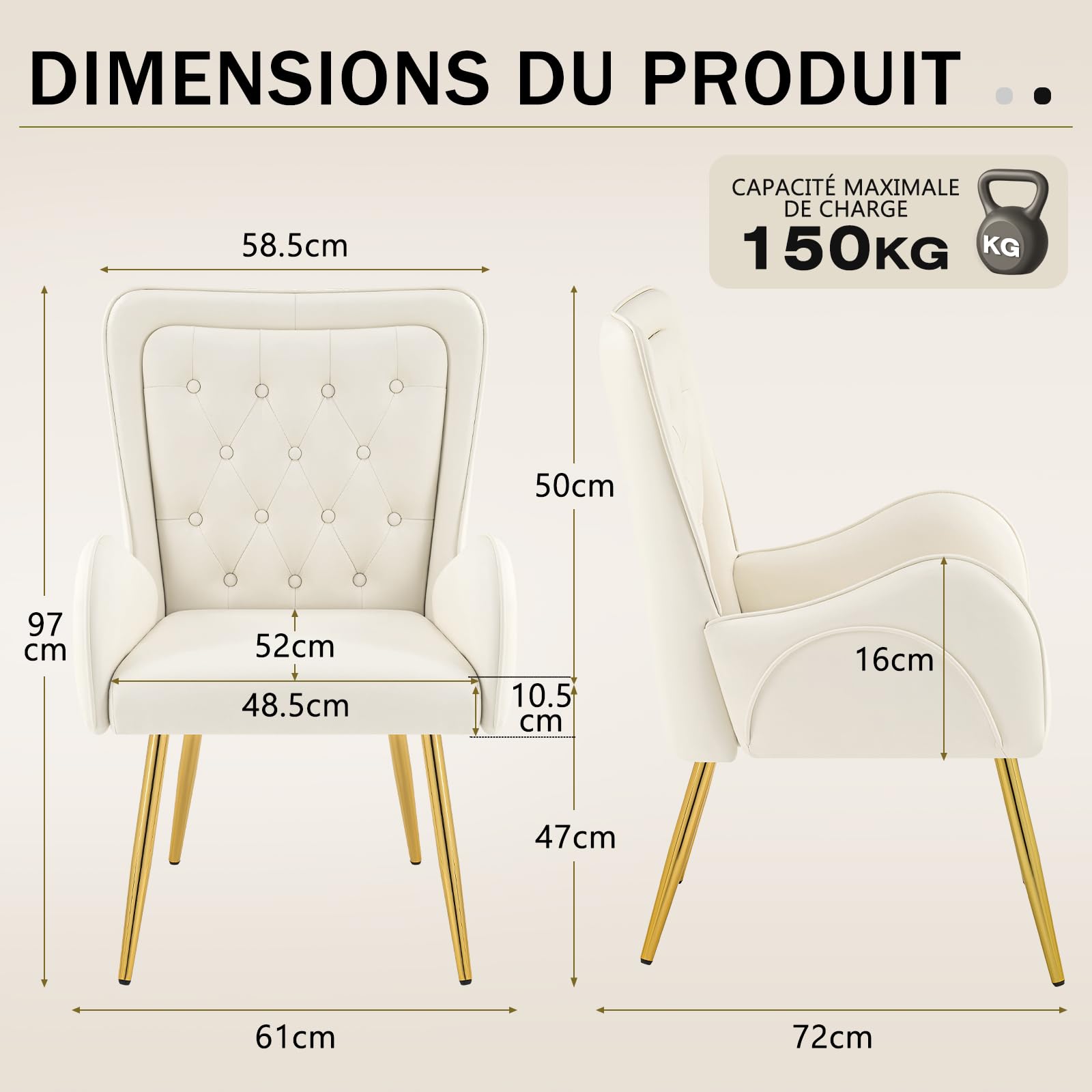 Hellove Fauteuil Salon Double Dossier Design Scandinave Luxe - Chaise Lounge Confortable Cuir, Structure Bois Massif, Pieds Métal Doré, Accoudoirs Radius pour Salon, Chambre, Beige