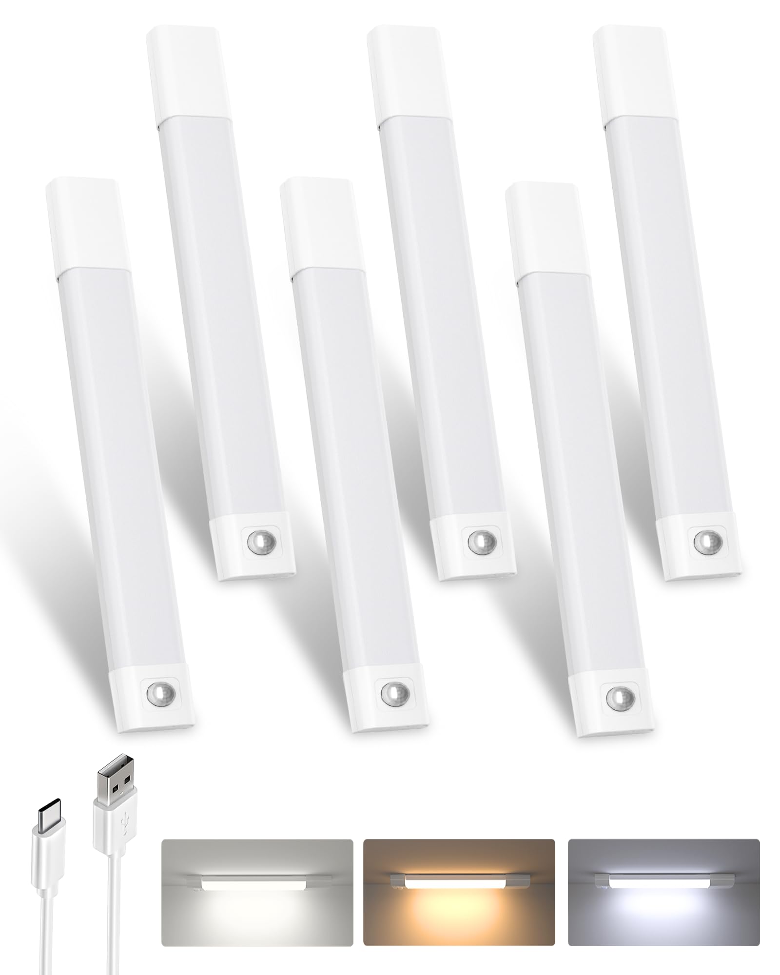 EZVALO 6-Pack Under Cabinet Lighting, Wireless Closet Lights, 50 LED Rechargeable Motion Sensor Light, Dimmable, 3 Color Temperatures, 11.8 inch Counter Lights for Kitchen, Pantry, Bedroom, WardrobeClimatePartner certified