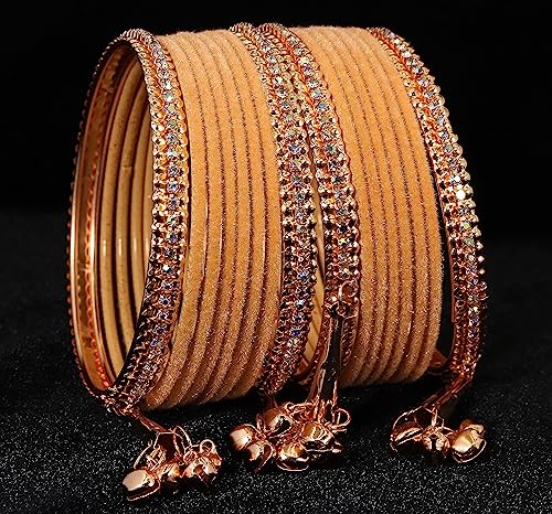 Image of NMII Metal with Zircon Gemstone and Velvet Studded Bells Latkan Bangles Set For Girls and Women I Latkan Bangles, Premium Bangle Bracelet Set I Pack of 16 Bangles