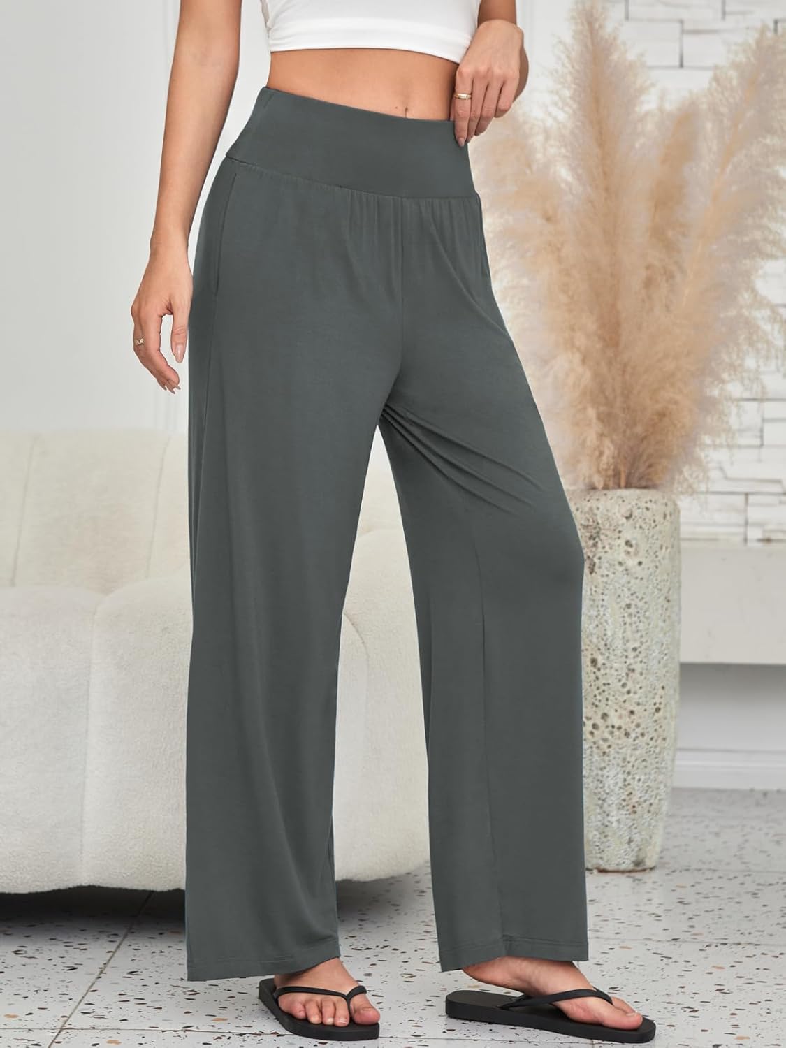 Womens Casual Soft Comfy Drape Flowy Lounge Pants Elastic High Waisted Palazzo Pajama Bottoms with Pockets - Image 3