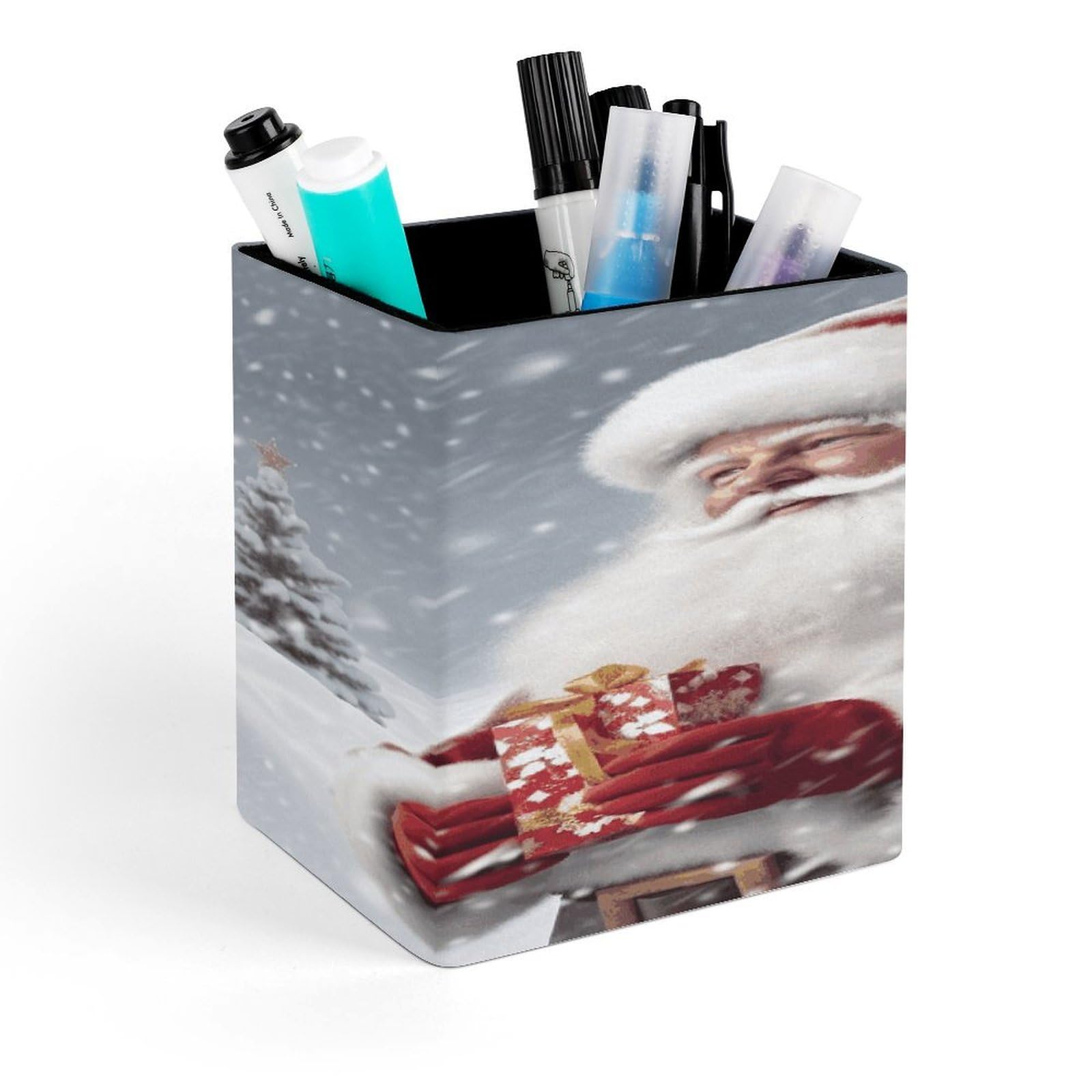 JTREHY - Santa Claus Pen Holder Santa Claus Pencil Holder Square Makeup Brush Holder PU Leather Stationery Organizer Office Accessories Box