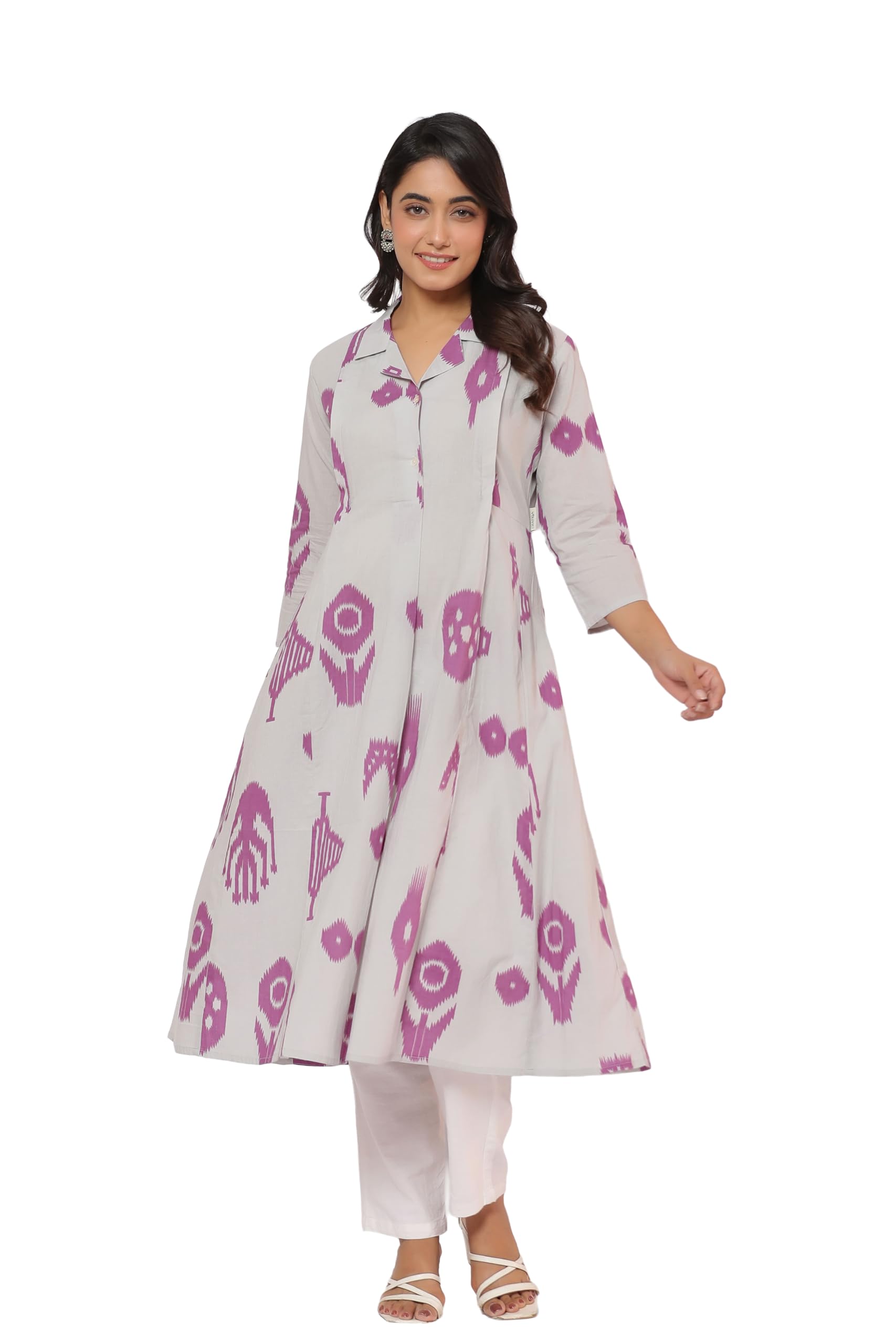 Pre & Post Maternity/Nursing Wear Hand Printed Kurta Cum Midi Dress/Nighty with Both Sides Zipper Easy Feeding to Be Moms & Nursing Mothers Cotton French Grey-image-48