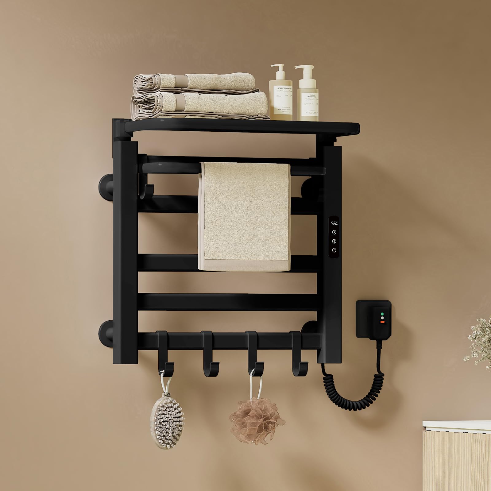EMKE Toallero Eléctrico Baño 500 x 500 mm, Negro, 140W, Radiador toallero eléctrico con Estante y Ganchos, Temperatura Ajustable 30-70°C, Función Temporizador&Memoria,Toallero electrico