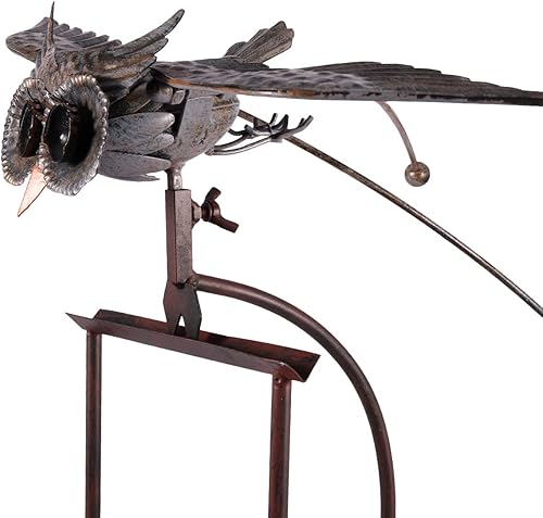 DlbvFoy Escultura cinética de metal Magic OWL, arte de jardín, pájaro que aletea grandes adornos de viento, búho volador, arte de jardín, estacas
