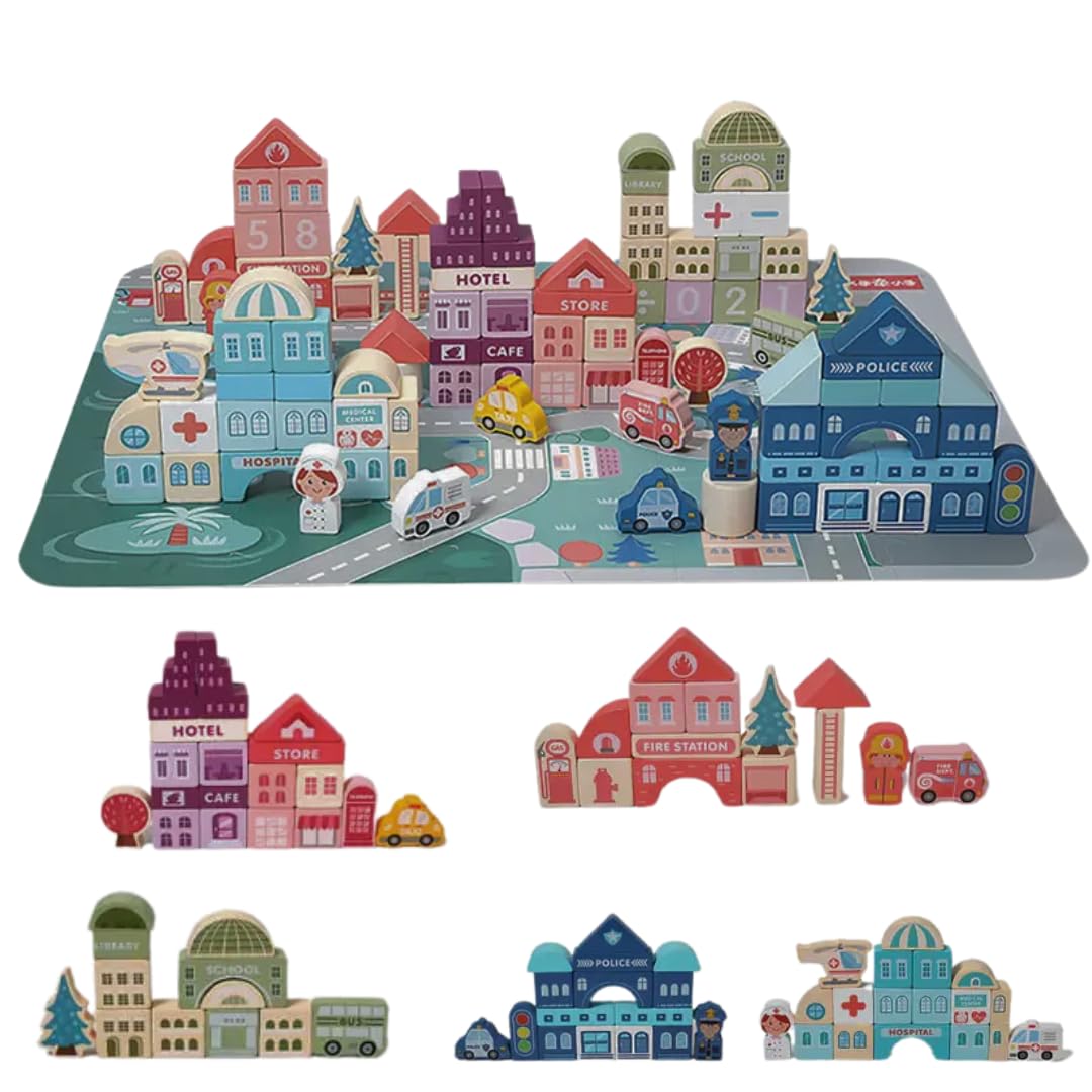 Lucknel® Montessori Wooden Building Blocks Set–120 pcs Colorful City-Themed Educational Toy for Toddlers–Includes Puzzle Play Mat–Storage Bucket and Carry Bag for Kids Aged 3+