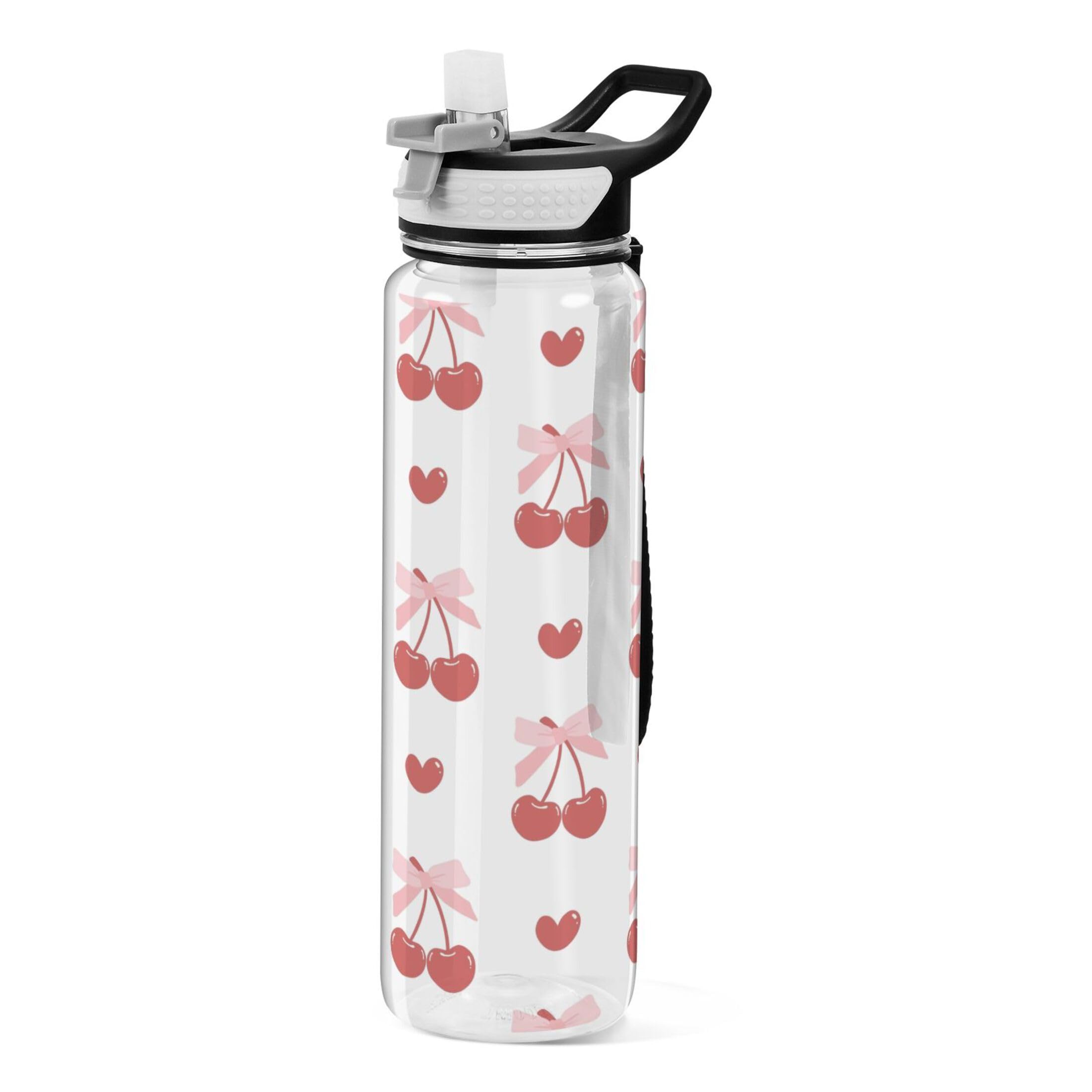 Sevdomey Cherries And Bows Water Bottle With Straw Lid Clear Leakproof Gym Water Bottles For Outdoor Sport Drinking Fitness Workout Travel, 32 Oz