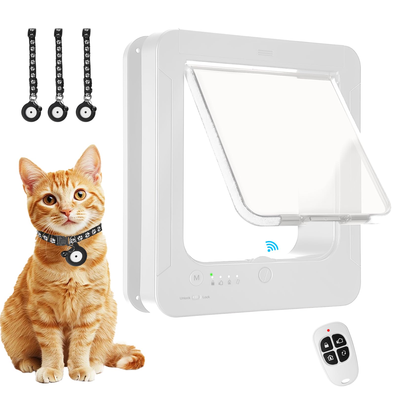 Smart Cat Door for Interior & Exterior, Cat Pet Door with 3 Collar Sensor Keys & 1 Remote Control & 4 Way Locking Cat Flap with RFID Collar Activated