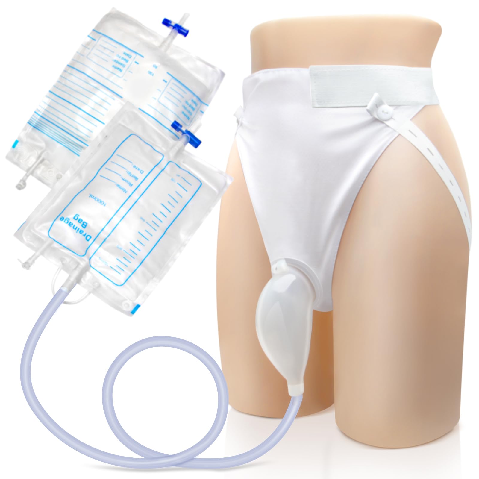 Catheter for Men, Urine Collection Bag for Elderly Men Male Age 80, Reusable Portable Silicone Urinal with 2 Bags (White-Men)