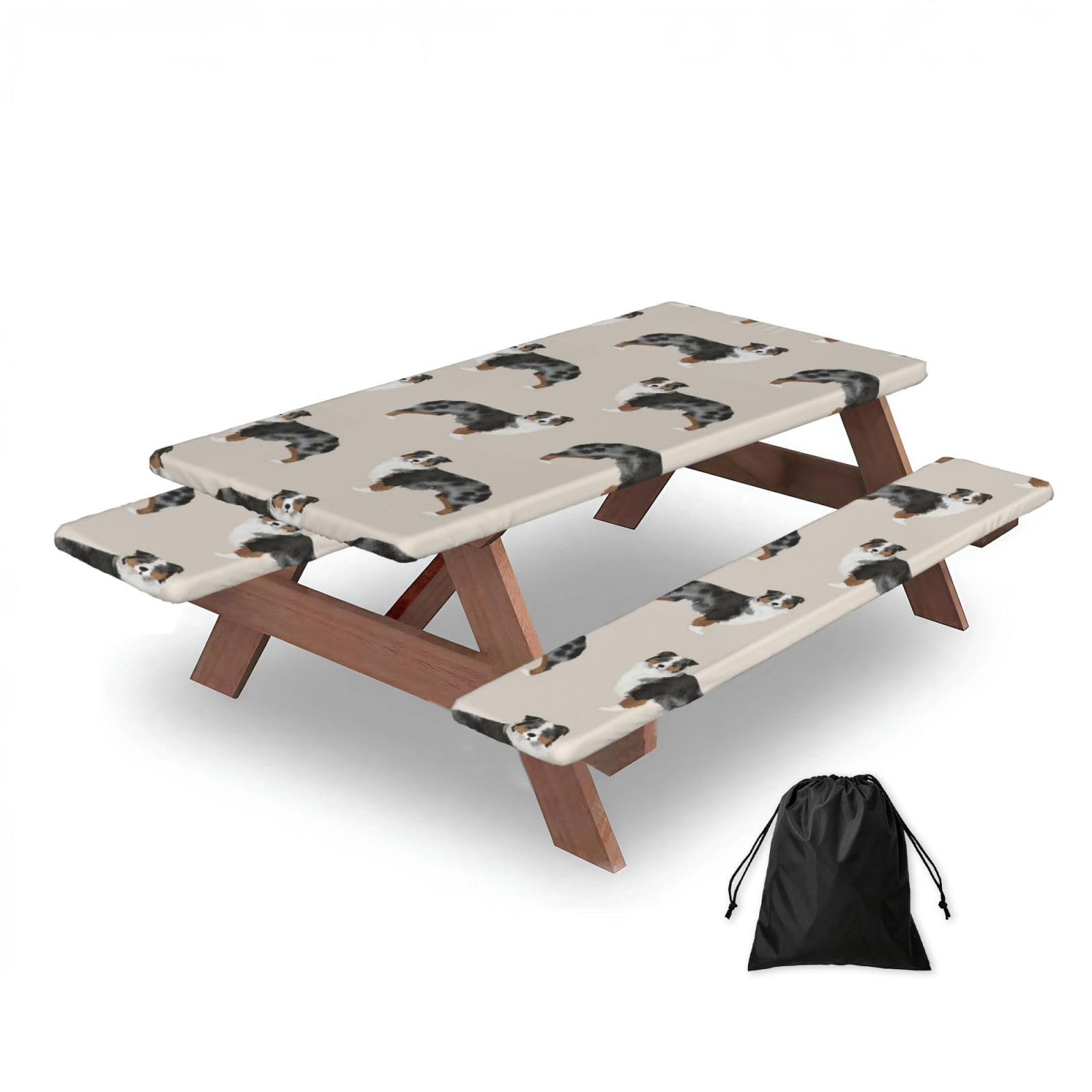 Dopklna As Picture Australian Shepherd, Picnic Table Cover With Bench Covers -Waterproof Elastic Fitted Tablecloth For Garden Camping Patio 76X152cm