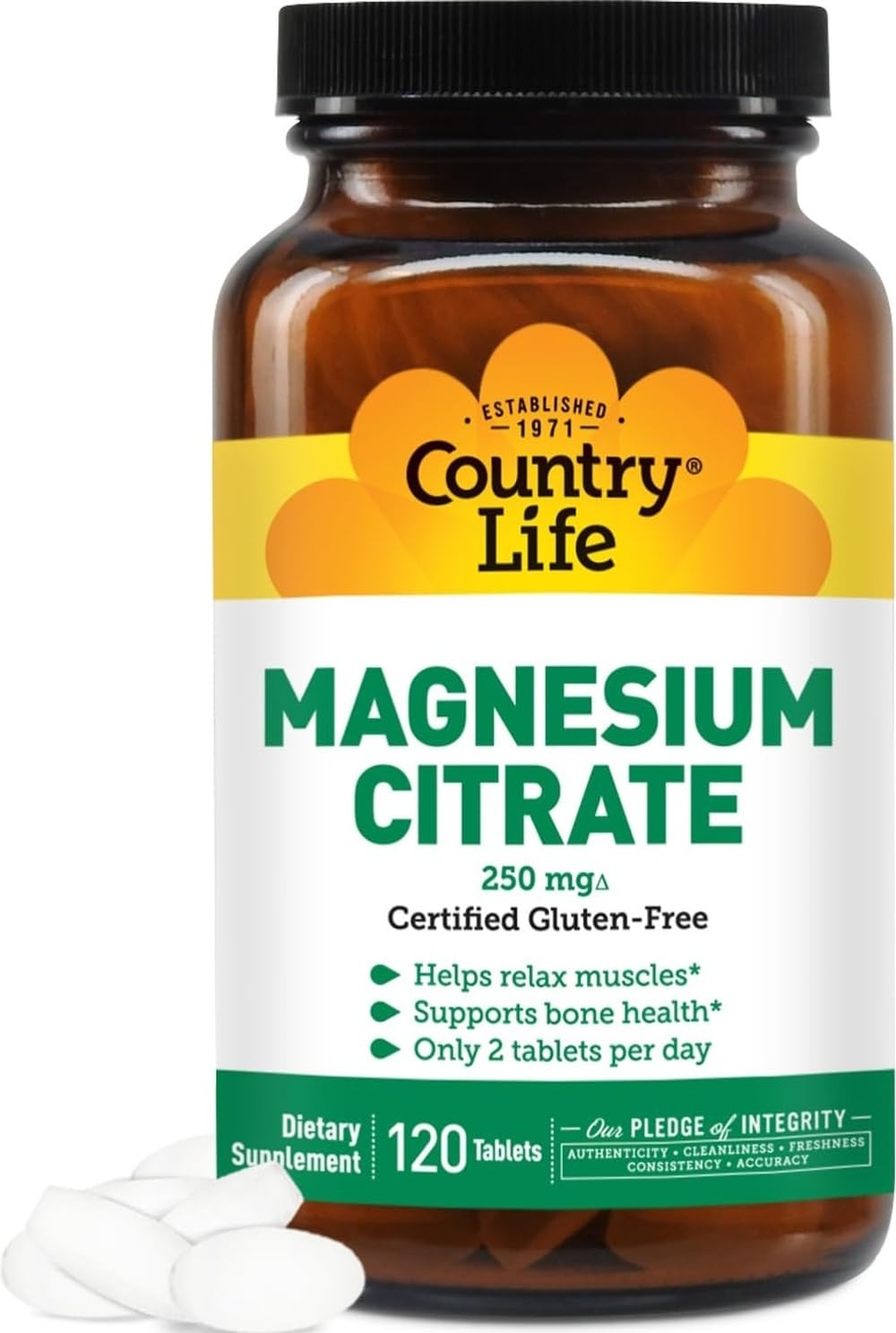 Country Life Magnesium Citrate 250 mg, Certified Gluten-Free, 120 Tablets