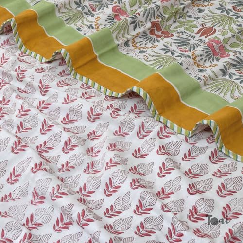 Image of TOAIArt Premium Jaipuri Dohar | AC Blanket Summer Quilt | Hand Block Printed | 3 Layers | Reversible | 150GSM 100% Mulmul Cotton | 100% Cotton Flannel Filling | King 108 inch X 90 inch | Spring Floral