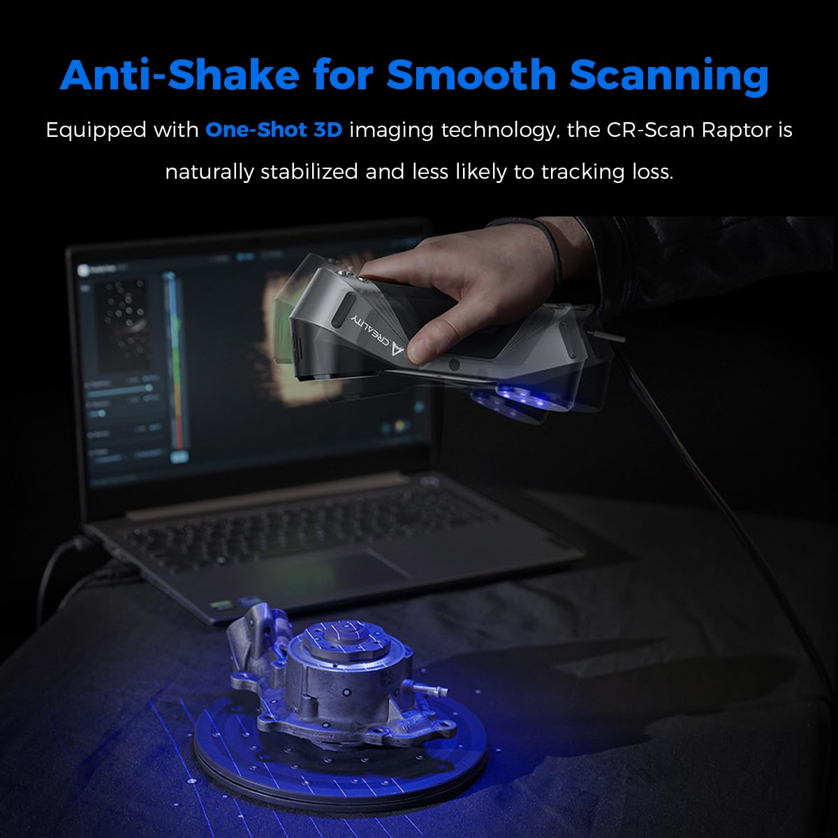 Creality Scanner 3D Raptor avec précision de qualité métrologique de 0,02 mm, 7 laser bleu, suivi anti-secousses, vitesse de numérisation jusqu'à 60 fps