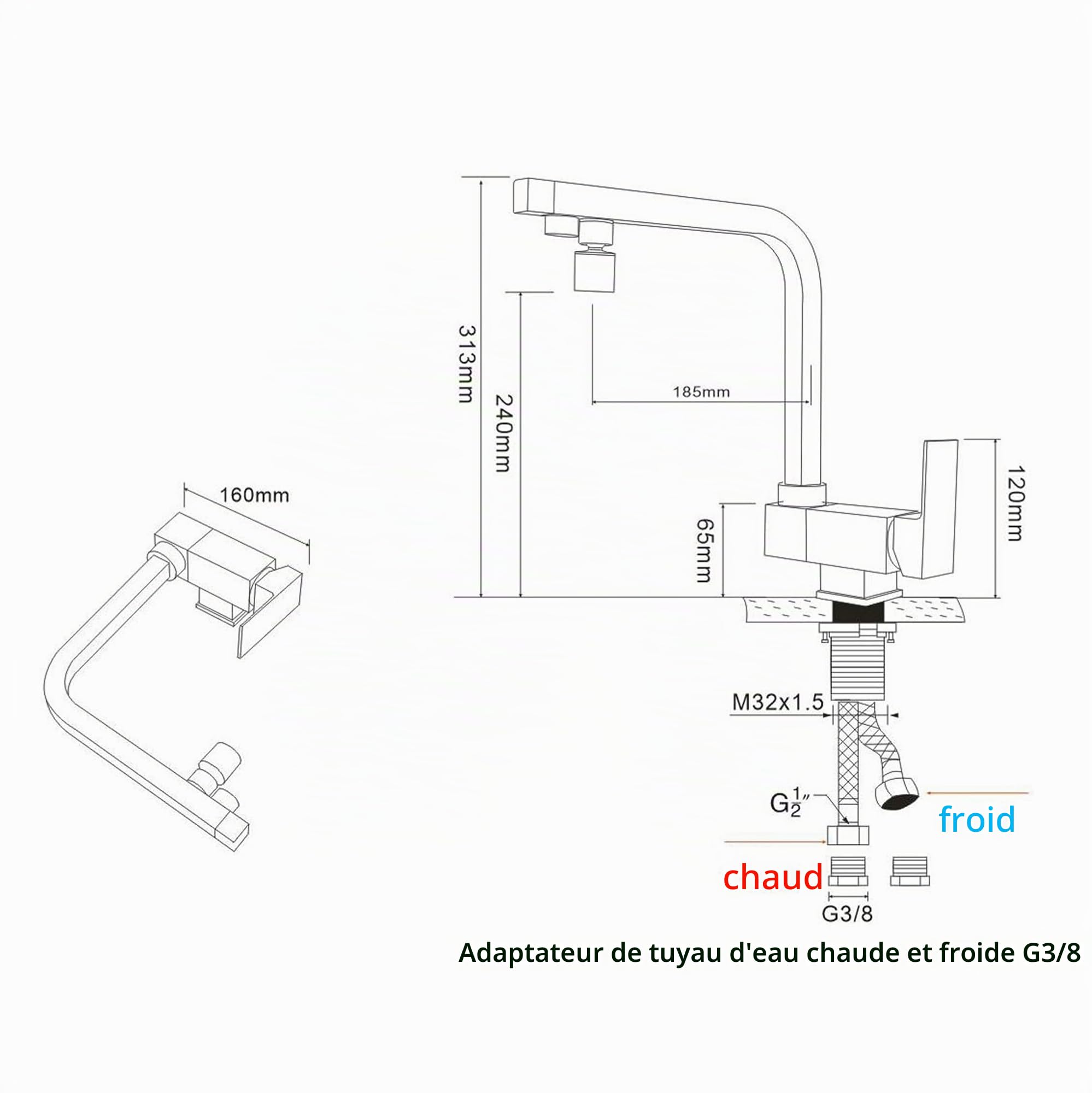 Mitigeur Cuisine Rabattable, Robinet 3 Voies Rabattable,robinet Cuisine Rabattable,Robinet De Cuisine 3 Voies,matériel En Laiton,Robinet Cuisine Pliable Sous Fenêtre (Finition Brossé)