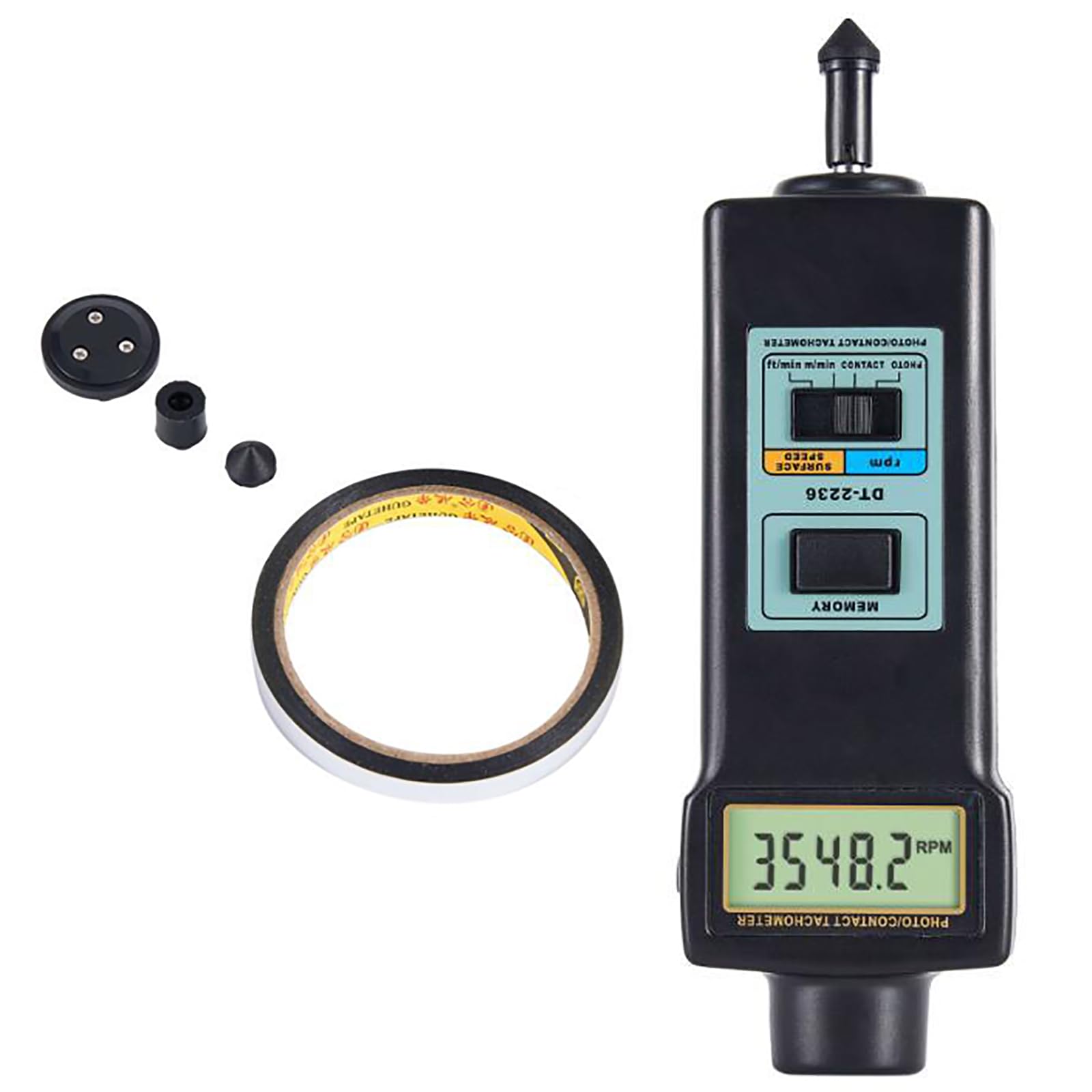 Tacómetro Digital, Comprobador De RPM con Foto (2,5-99.999 RPM), Contacto Portátil, Medición De Velocidad Lineal (m/min, Ft/min), con 4 Sondas, Pantalla LCD, para Motores Y Ventiladores.