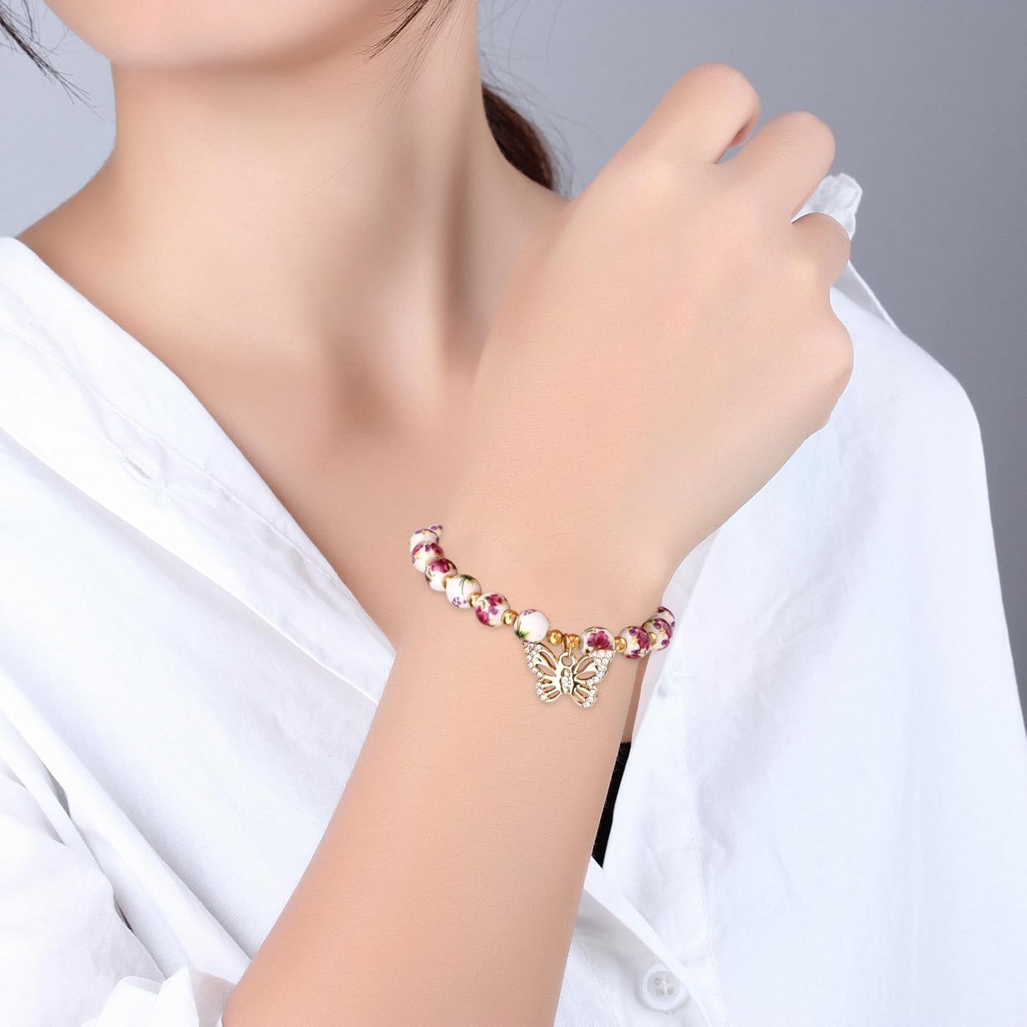 Floral Butterfly Bead Bracelet, Vintage Adjustable Flower Butterfly Porcelain Beads Bracelet Handmade Boho Dainty Jewelry Gift for Women Friendship - Image 6