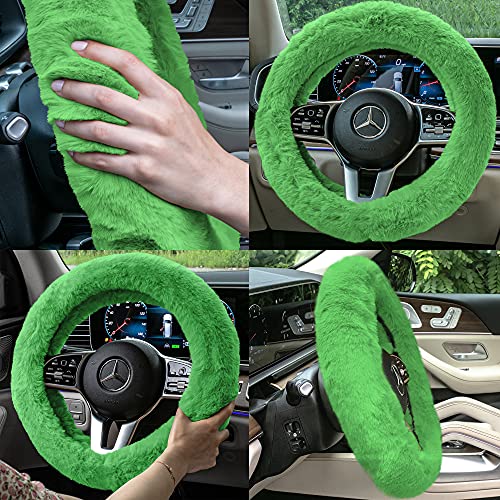 Image of FH Group Doe16 Faux Rabbit Fur Cozy Steering Wheel Cover Ultimate Protection Universal Fit for Most Cars, Trucks, SUVs, and Vans Green