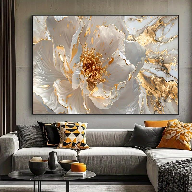 Toile moderne abstraite blanche et dorée pour sublimer la décoration de votre salon contemporain
