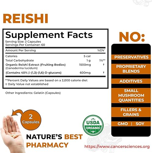 Miniatura 7 de CANCER SCIENCES - Cápsulas de suplemento de hongos Reishi Wellness, extracto de hongos orgánicos certificado por USDA, extra fuerte 1,500 mg, 40%