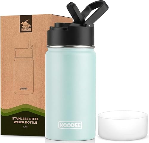 Miniatura 12 de koodee Botella de agua de 16 onzas de acero inoxidable de doble pared aislada al vacío, botella de agua de boca ancha con tapa de popote a prueba de
