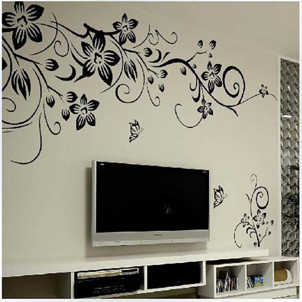 Stickers muraux fleur noire et papillons pour salon et chambre