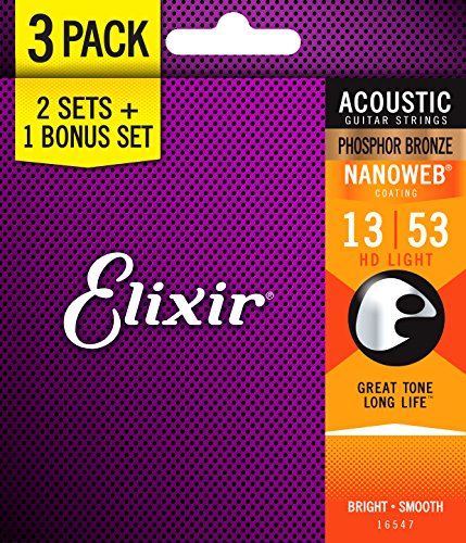 Elixir® Strings 16547 Acoustic Phosphor Bronze Guitar Strings with NANOWEB® Coating, 3 Pack, HD Light (.013-.053)