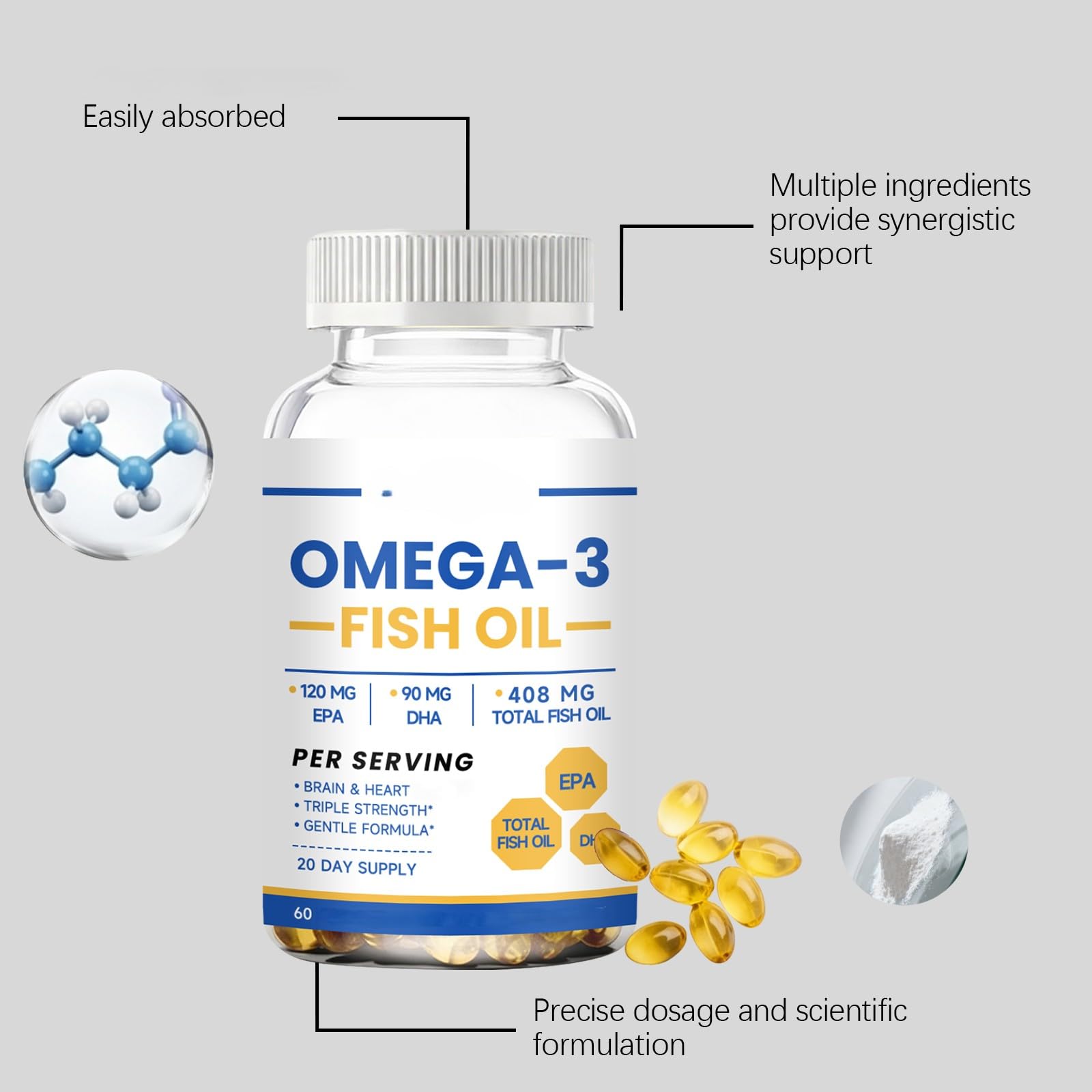 Olio di pesce Omega 3 408 MG| Acidi grassi EPA DHA | - per uomini e donne,3Pcs