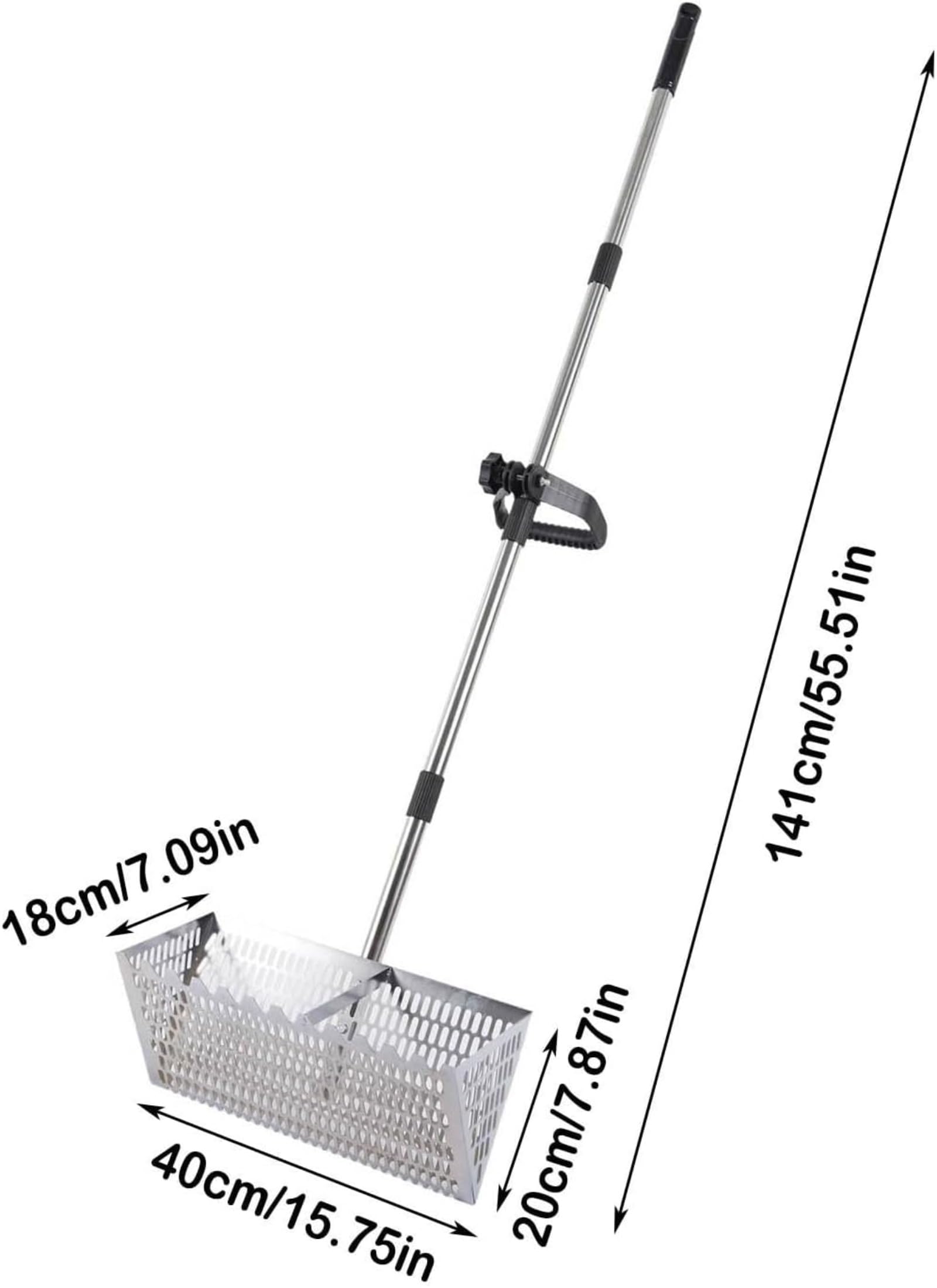 Grand Tamis à Sable de Plage en Acier Inoxydable, Râteau de Puce de Sable, Râteau Tamis de Plage Professionnel Grand tamis à sables acier inoxydable avec poignée 141 cm long et panier 40 x 20 cm