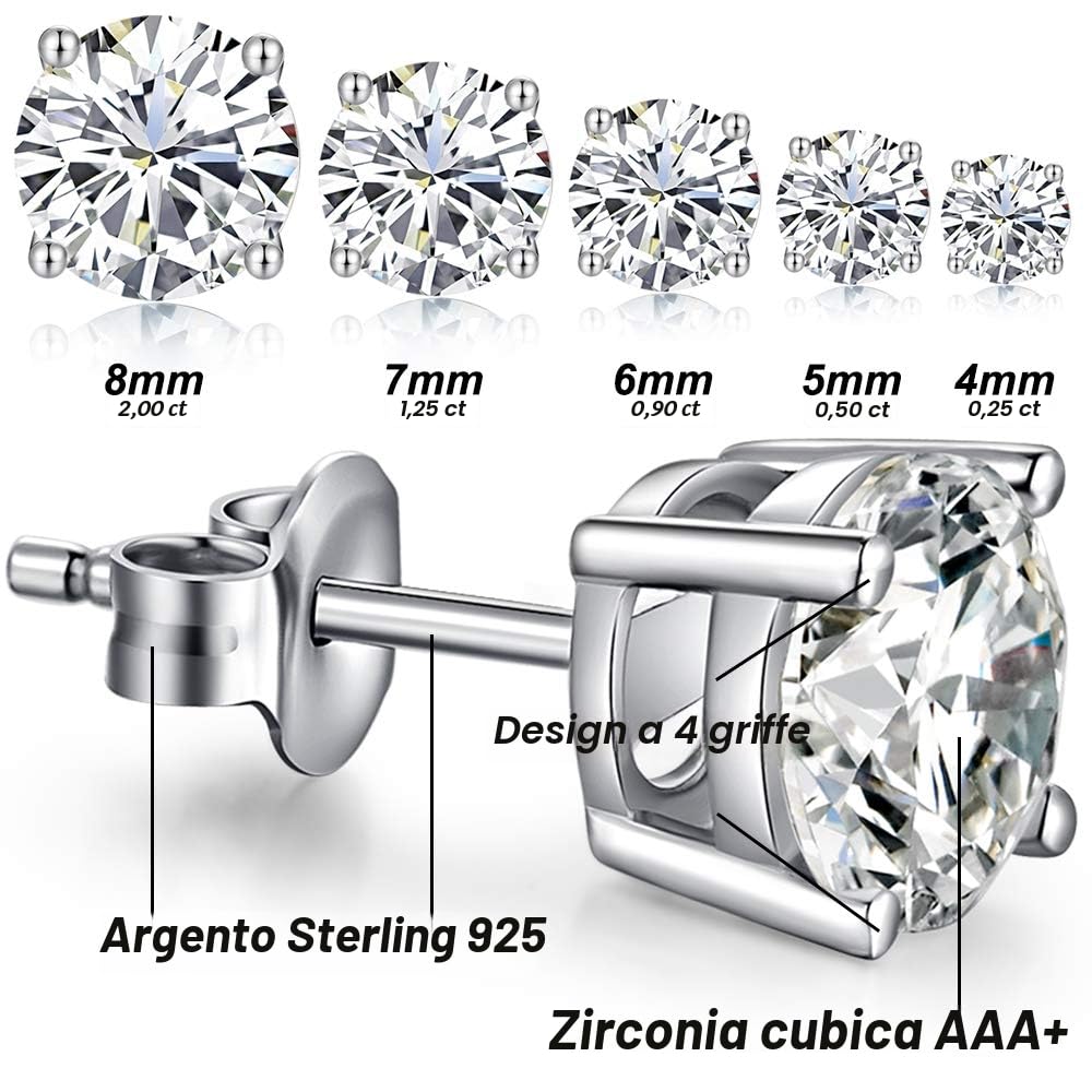 Orecchini 18k Oro Bianco Placcata 925 Argento Sterlina Zirconi Simulato Diamante Brillanti per Donna Uomo 4-8mm Cubica Swarovski Dimensioni 3mm-8mm