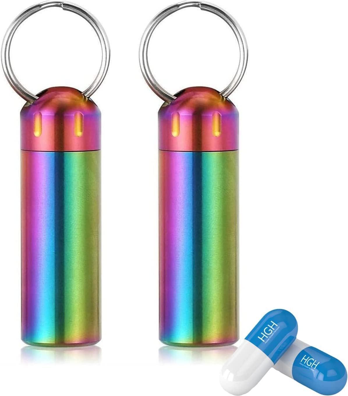 Tablet-Box, Reise-Pillenbox, wasserdichter Pillenhalter, Schlüsselanhänger, klein, Edelstahl-Pillenetui, Outdoor-Notfall-Pillenbox, 2er-Pack (Color : Rainbow)