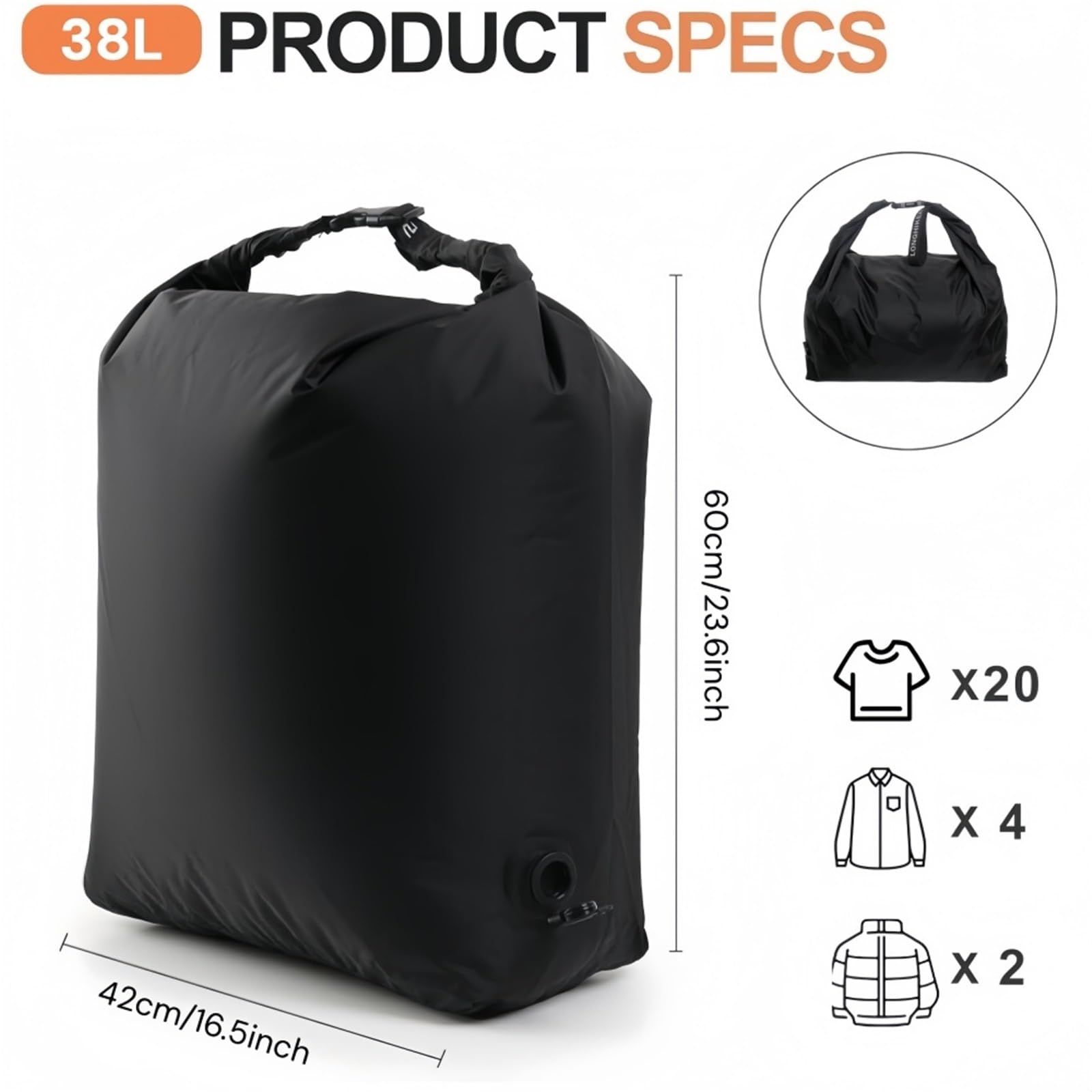 Bolsas de Compresión al Vacío Bolsa de almacenamiento compresión al vacío | Bolsa de equipaje impermeable de gran capacidad portátil Bolsa de ropa(Black-38L,Color1)